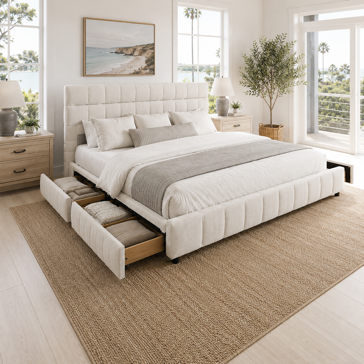 Clara California King Chenille Upholstered Storage Platform Bed with 4 Under-Bed Drawers