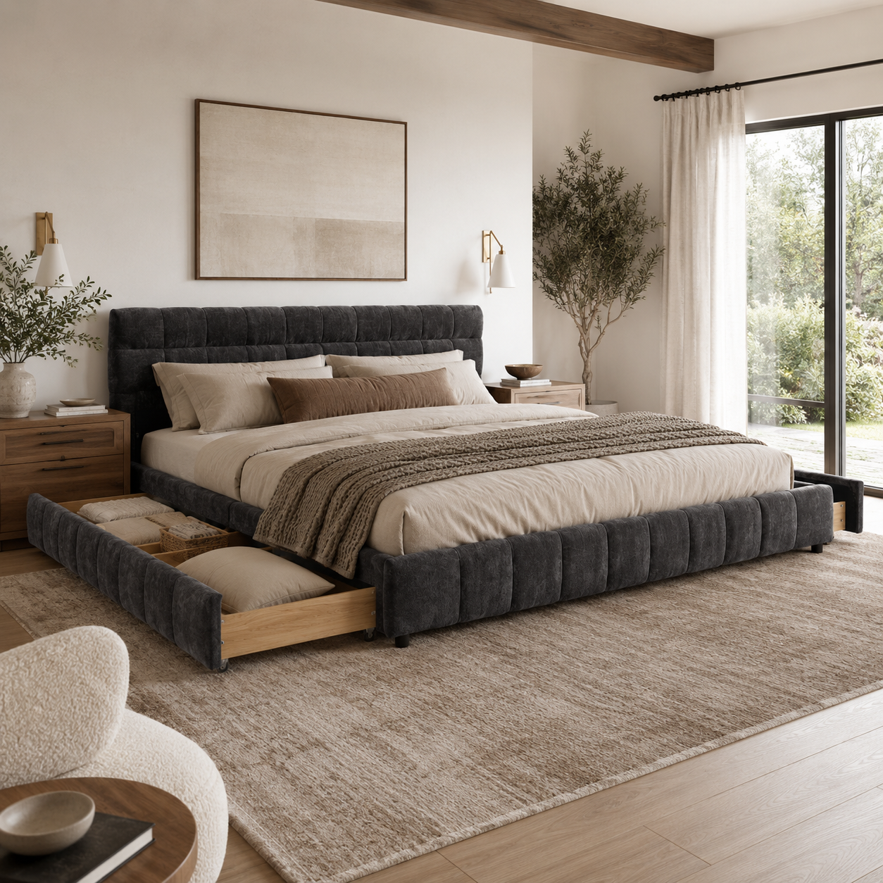 Clara California King Chenille Upholstered Storage Platform Bed with 4 Under-Bed Drawers