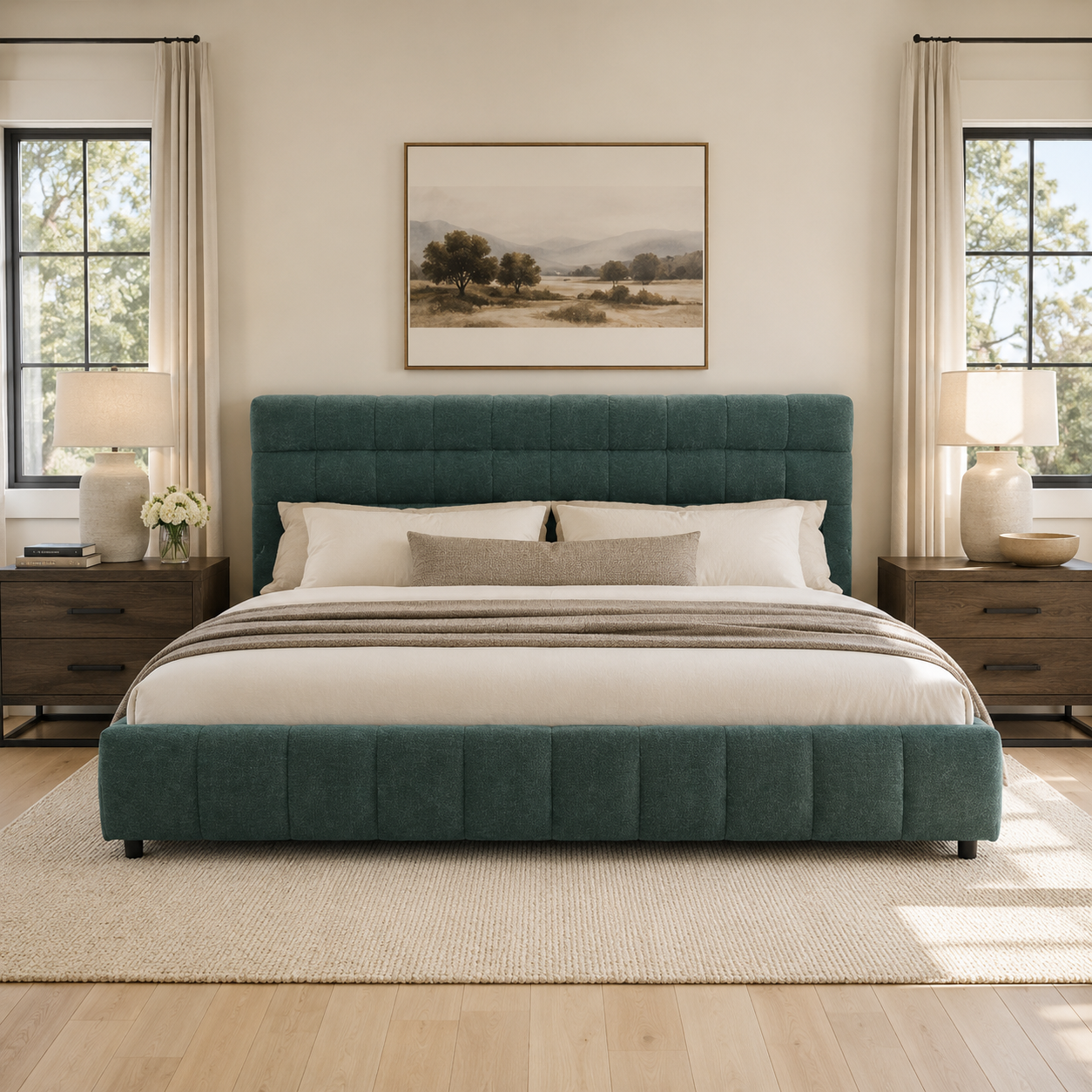 Clara California King Chenille Upholstered Storage Platform Bed with 4 Under-Bed Drawers