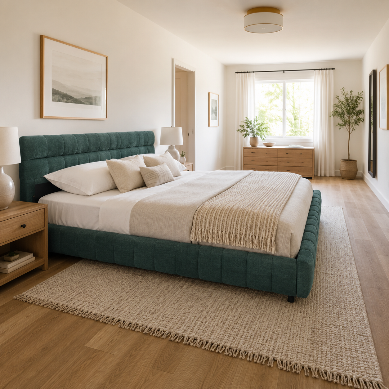 Clara California King Chenille Upholstered Storage Platform Bed with 4 Under-Bed Drawers