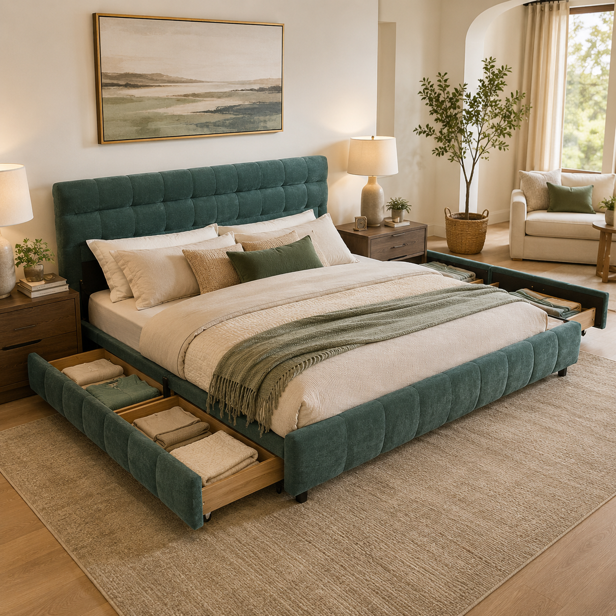 Clara California King Chenille Upholstered Storage Platform Bed with 4 Under-Bed Drawers