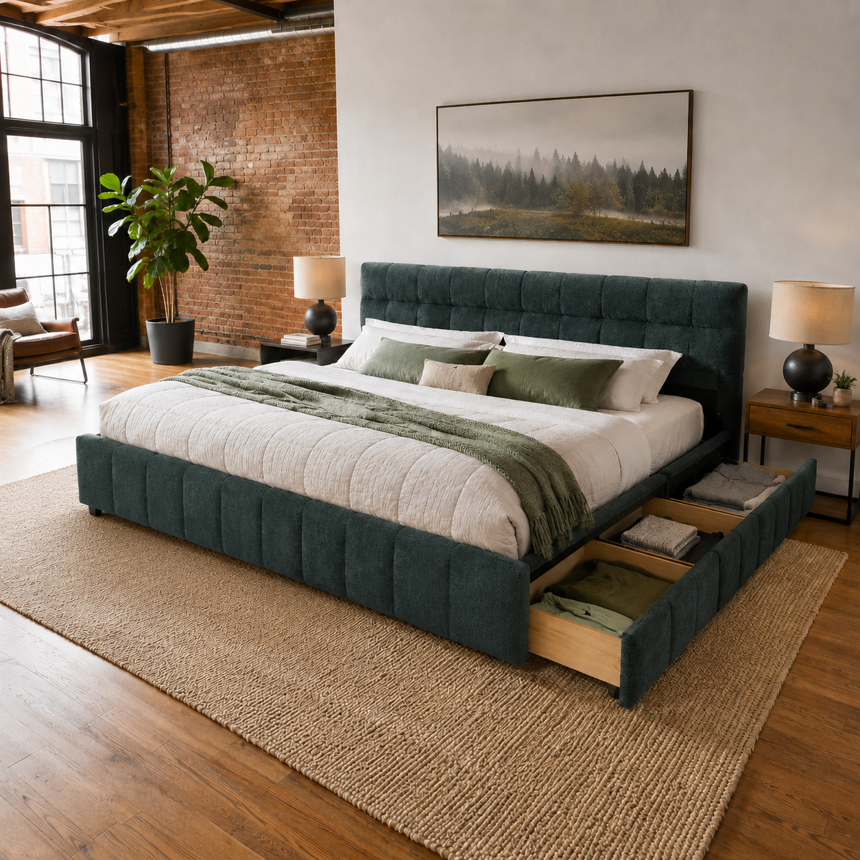 Clara California King Chenille Upholstered Storage Platform Bed with 4 Under-Bed Drawers