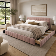 Clara California King Chenille Upholstered Storage Platform Bed with 4 Under-Bed Drawers