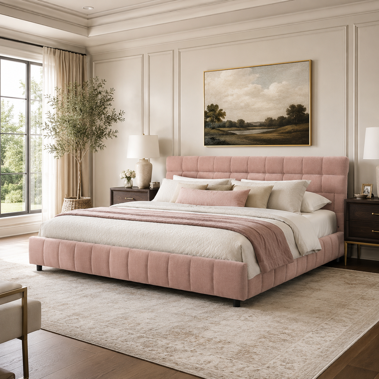 Clara California King Chenille Upholstered Storage Platform Bed with 4 Under-Bed Drawers