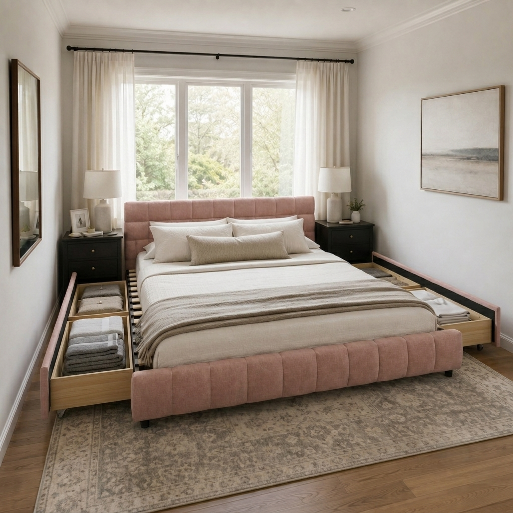 Clara California King Chenille Upholstered Storage Platform Bed with 4 Under-Bed Drawers