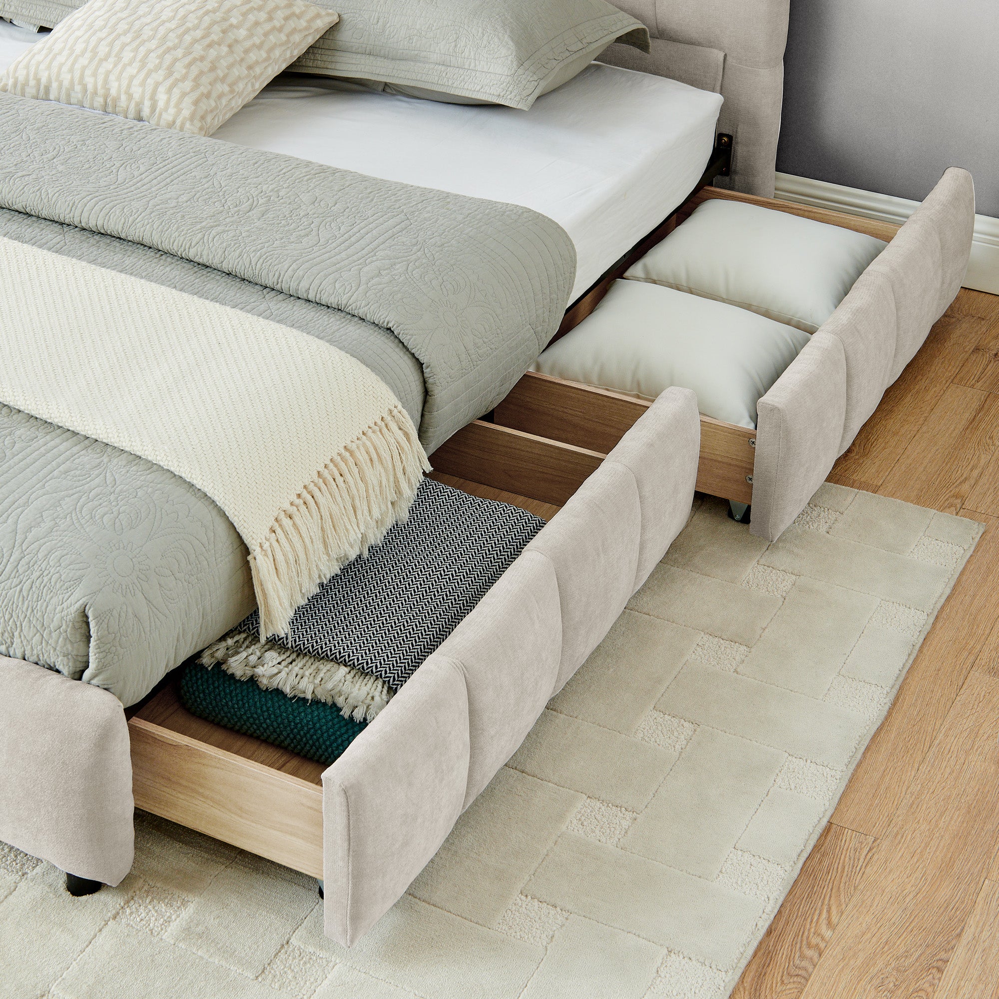 Clara King Chenille Upholstered Storage Platform Bed with 4 Under-Bed Drawers