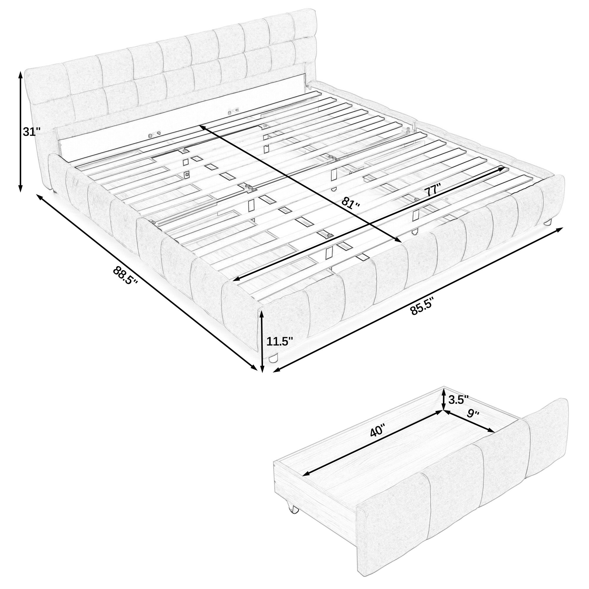 Clara King Chenille Upholstered Storage Platform Bed with 4 Under-Bed Drawers