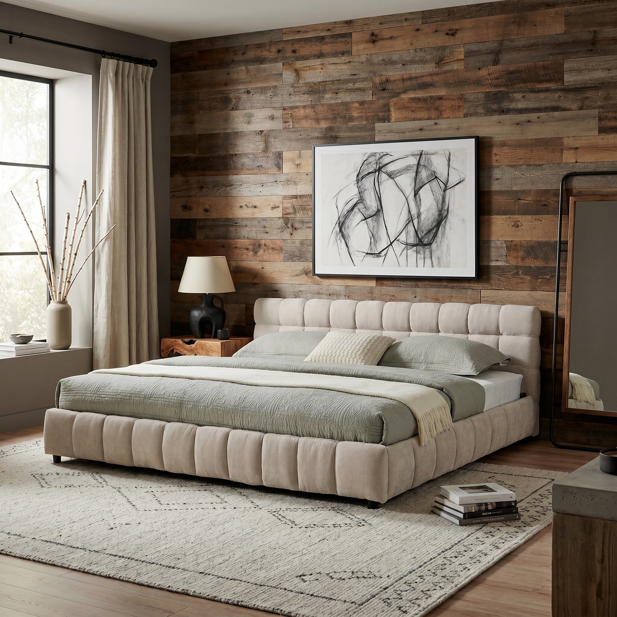 Clara King Chenille Upholstered Storage Platform Bed with 4 Under-Bed Drawers
