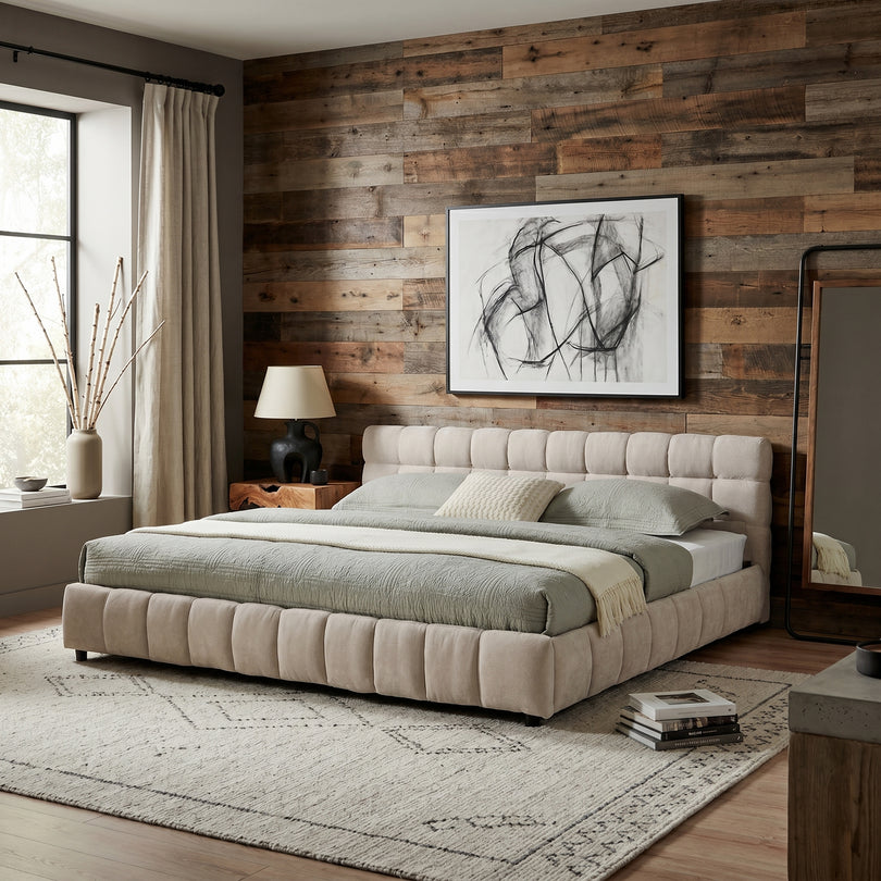 Beige Clara king chenille platform bed with four under-bed drawers