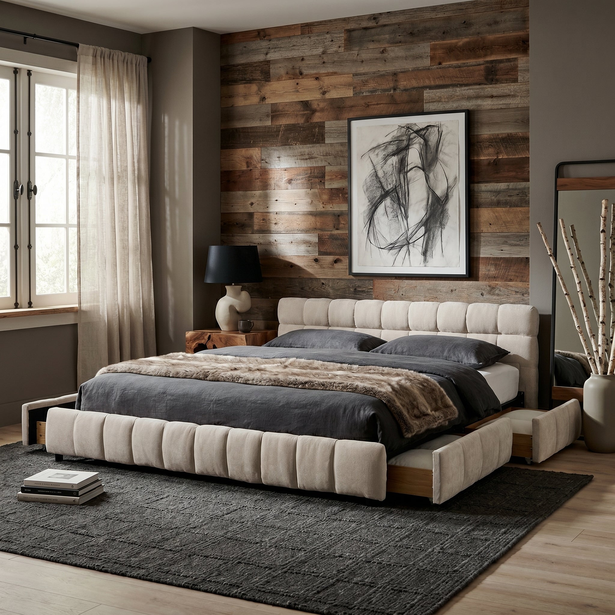 Clara King Chenille Upholstered Storage Platform Bed with 4 Under-Bed Drawers