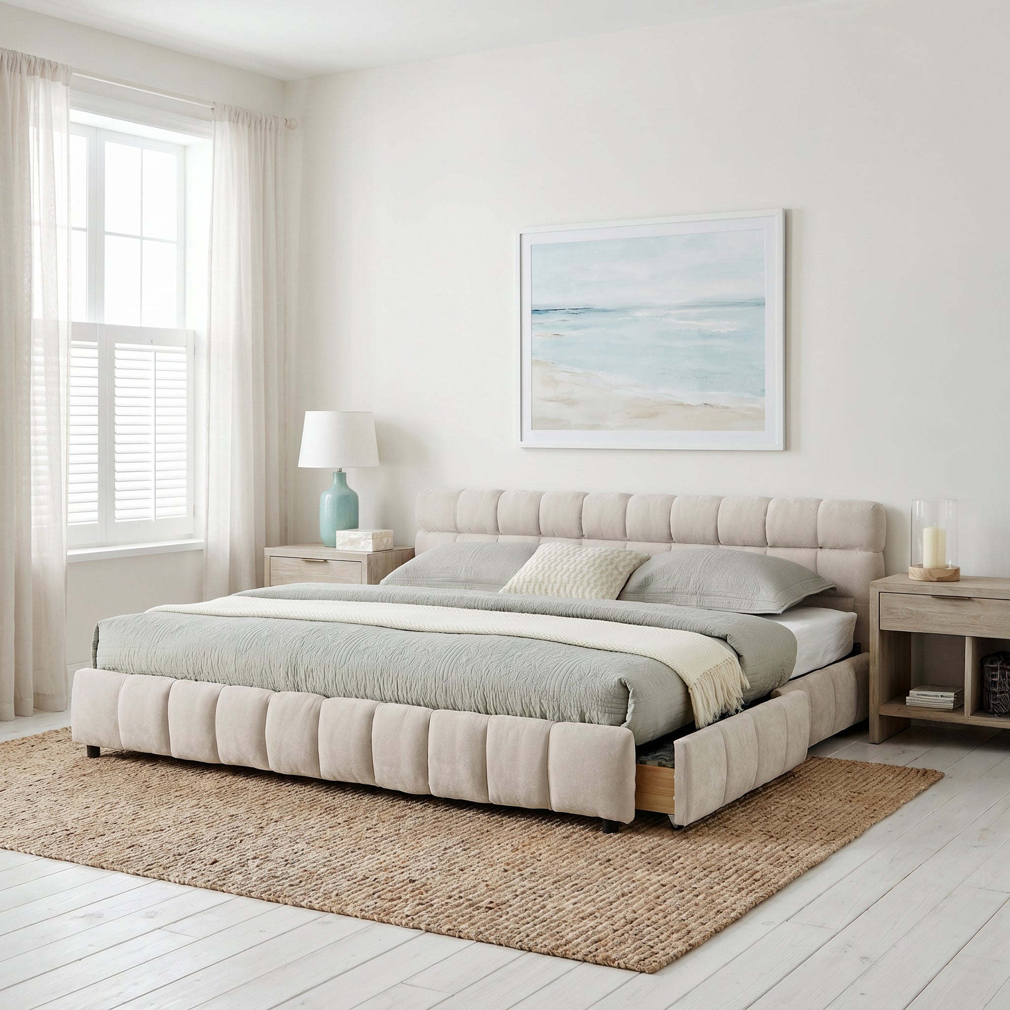 Clara King Chenille Upholstered Storage Platform Bed with 4 Under-Bed Drawers