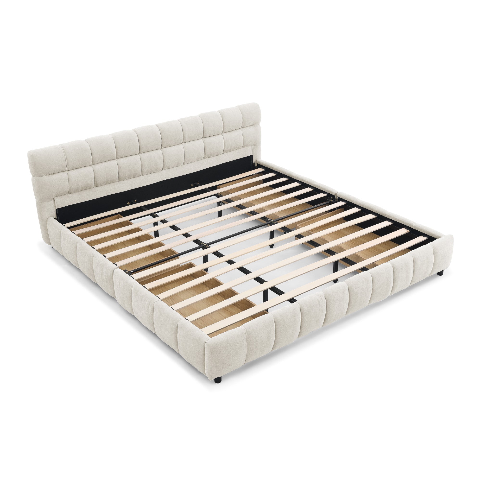 Clara King Chenille Upholstered Storage Platform Bed with 4 Under-Bed Drawers