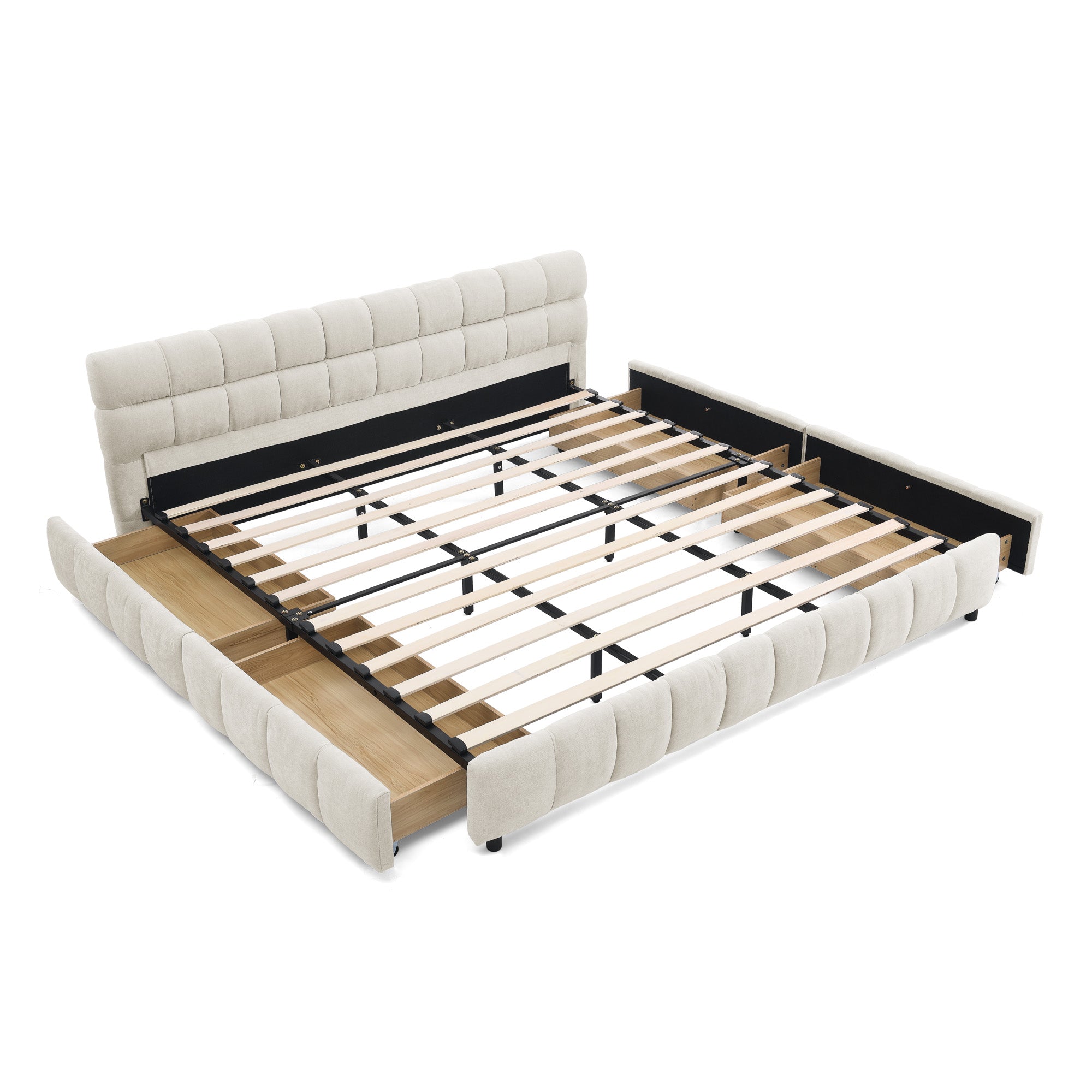 Clara King Chenille Upholstered Storage Platform Bed with 4 Under-Bed Drawers