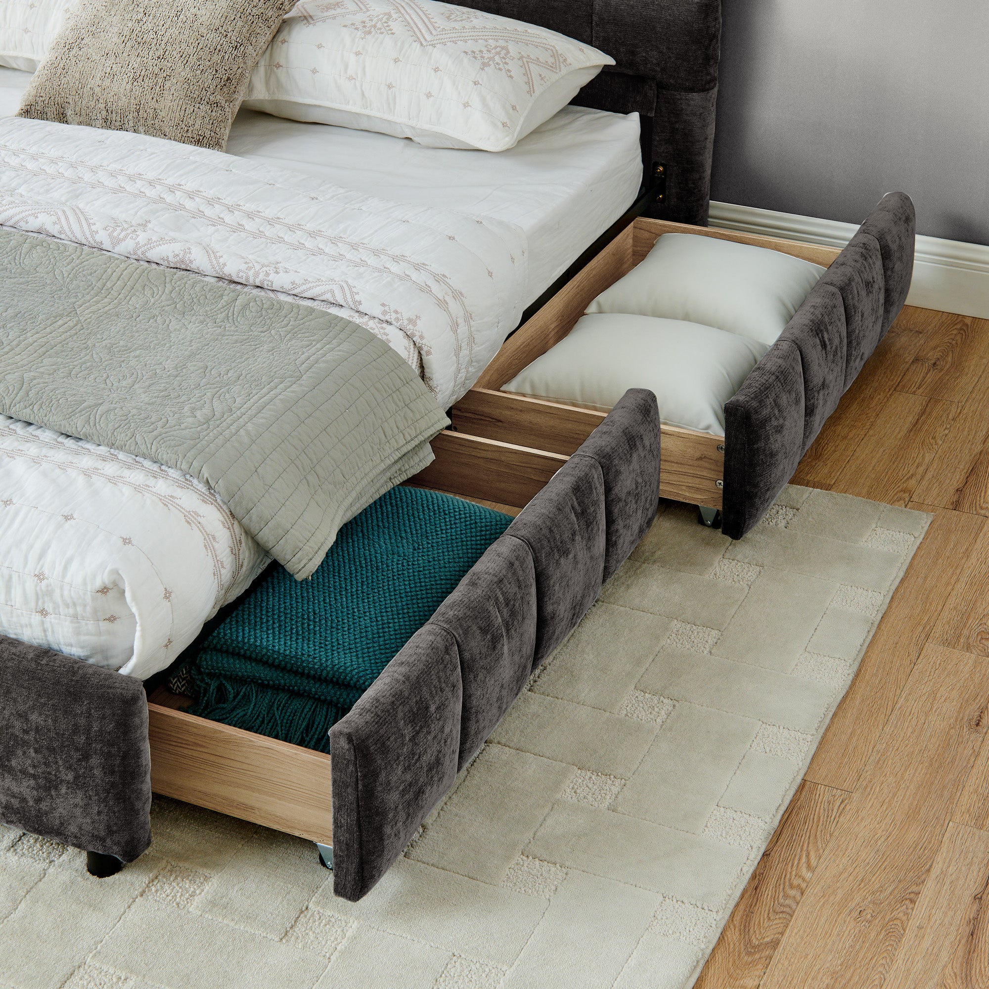 Clara King Chenille Upholstered Storage Platform Bed with 4 Under-Bed Drawers