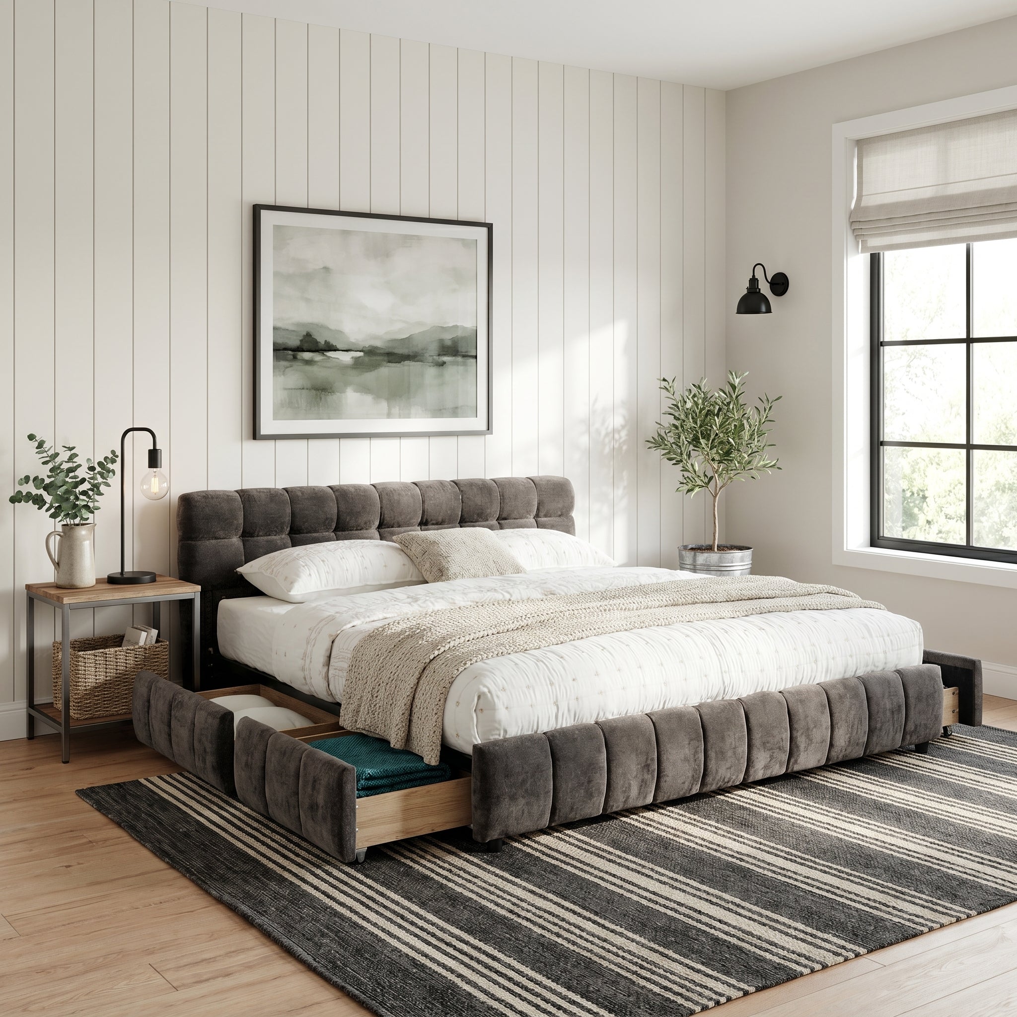 Clara King Chenille Upholstered Storage Platform Bed with 4 Under-Bed Drawers