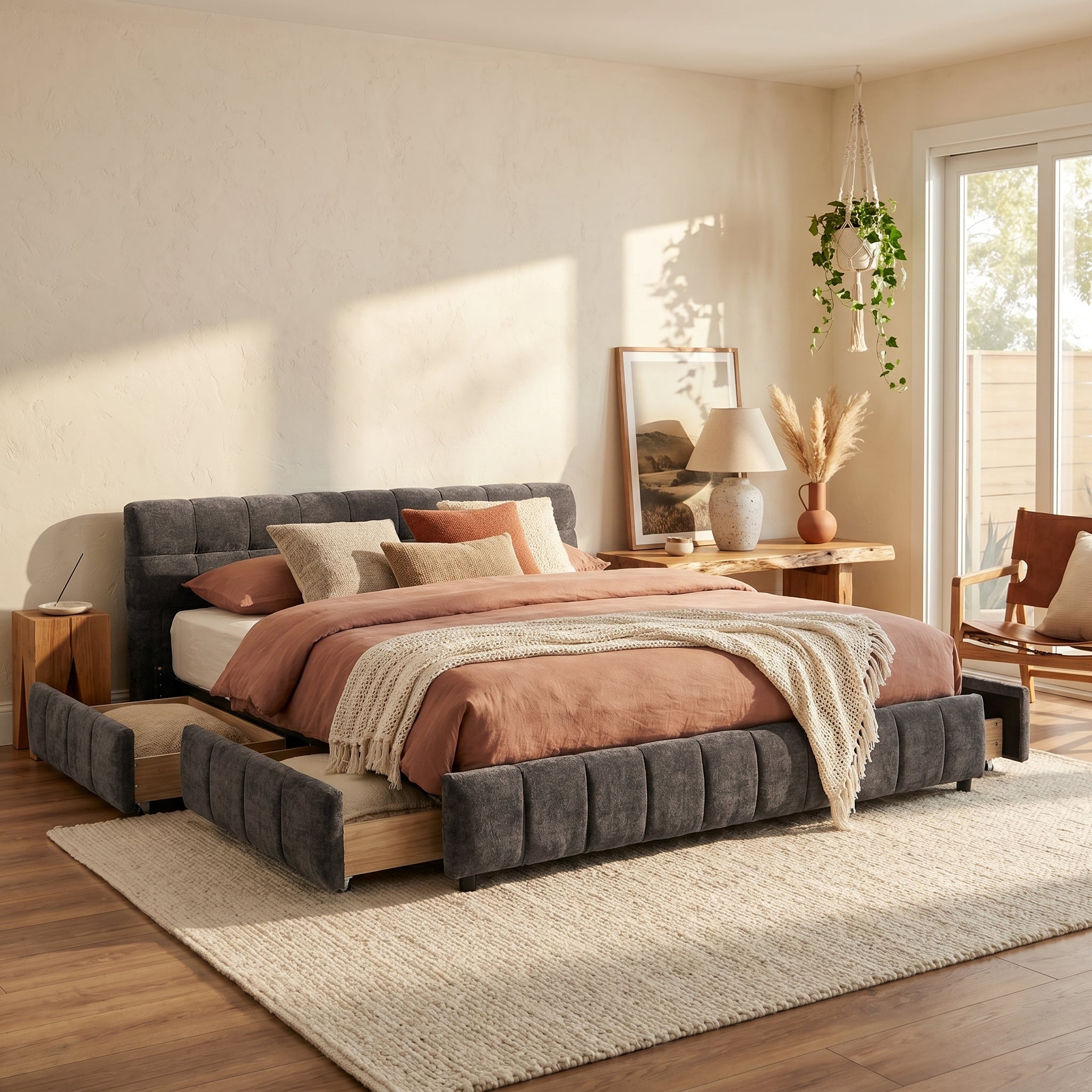 Clara King Chenille Upholstered Storage Platform Bed with 4 Under-Bed Drawers