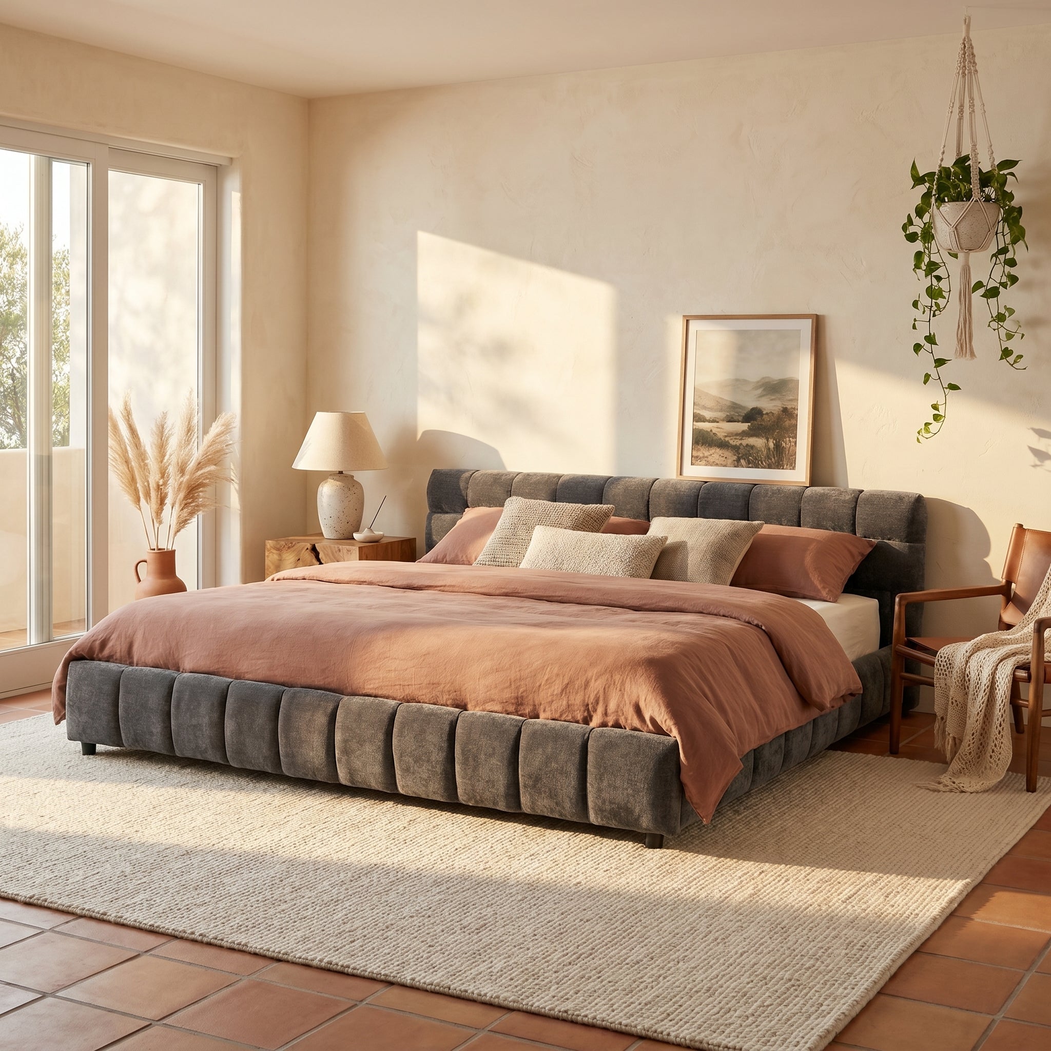 Clara King Chenille Upholstered Storage Platform Bed with 4 Under-Bed Drawers