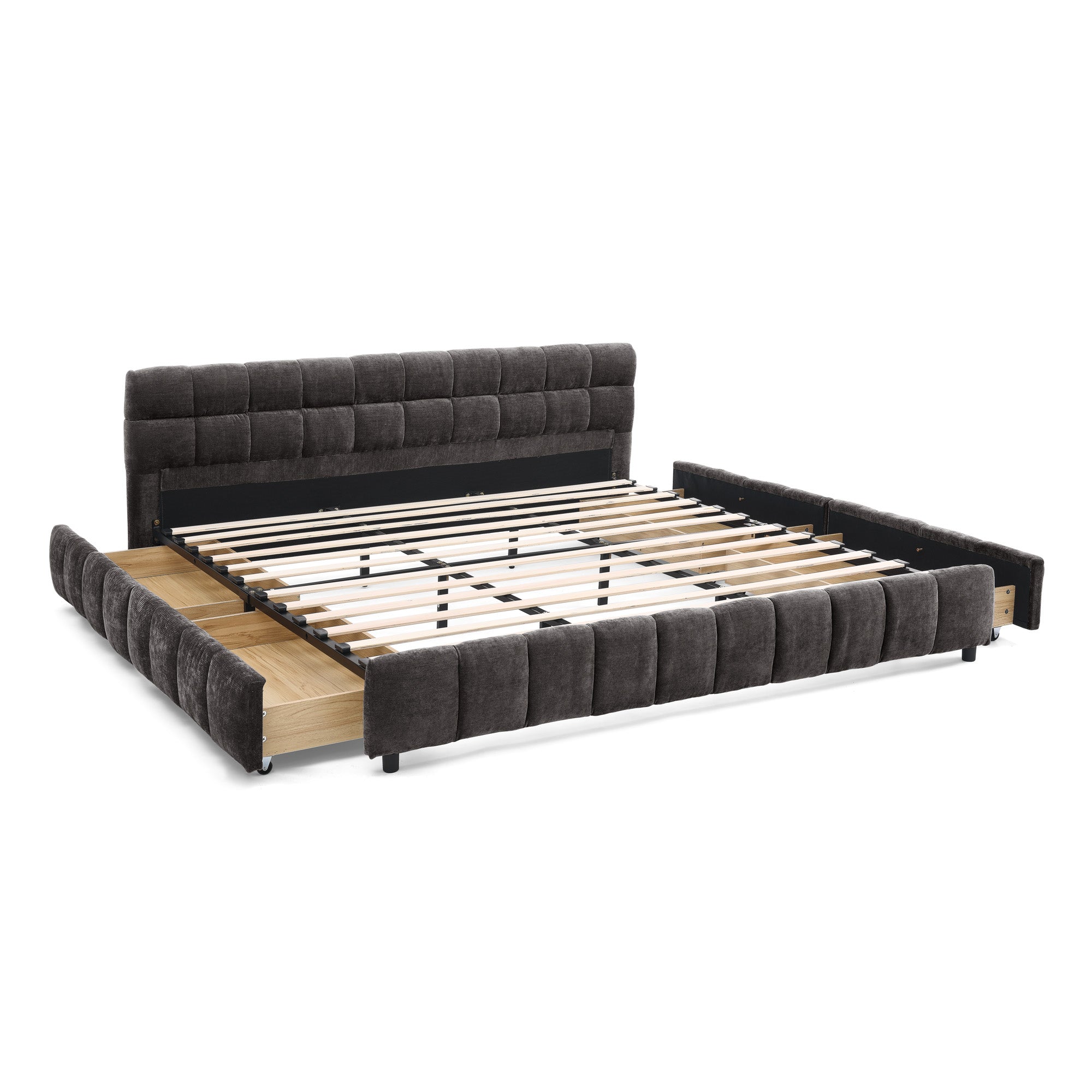 Clara King Chenille Upholstered Storage Platform Bed with 4 Under-Bed Drawers