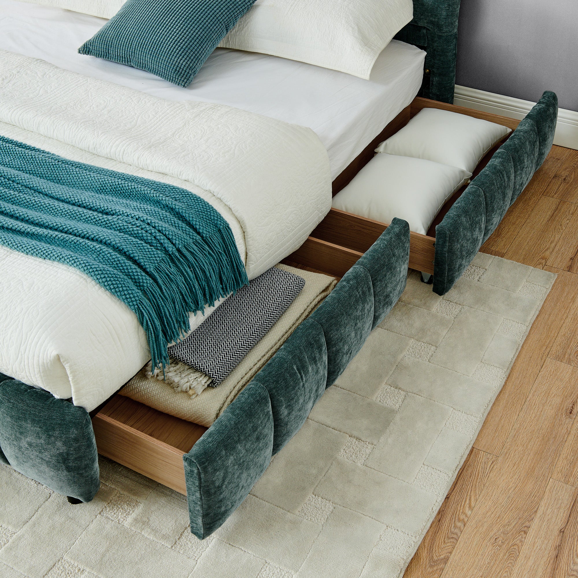 Clara King Chenille Upholstered Storage Platform Bed with 4 Under-Bed Drawers