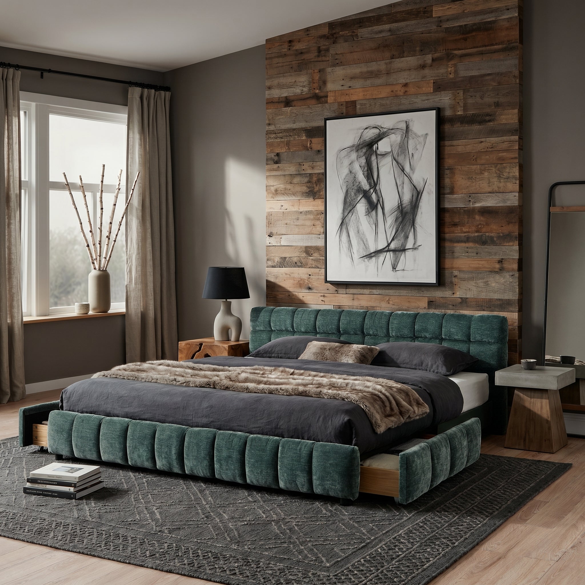 Clara King Chenille Upholstered Storage Platform Bed with 4 Under-Bed Drawers