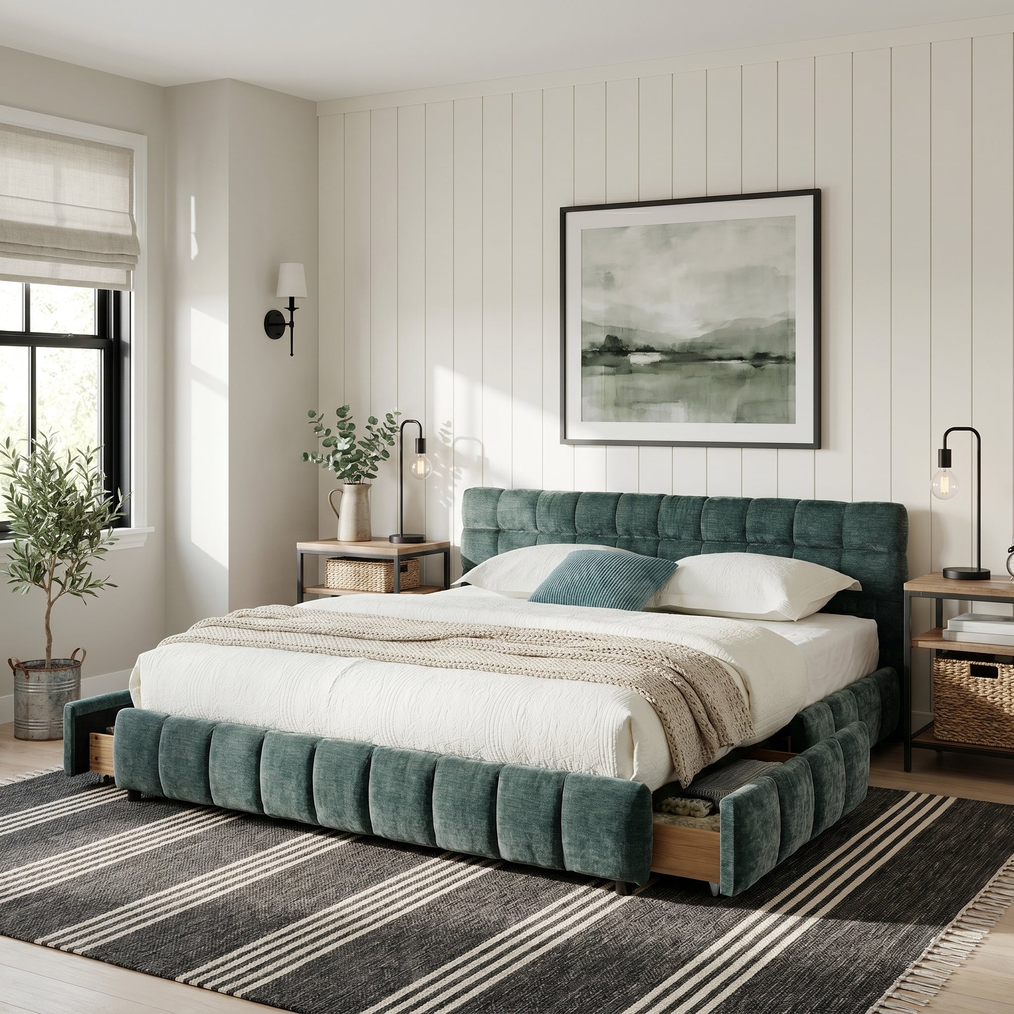 Clara King Chenille Upholstered Storage Platform Bed with 4 Under-Bed Drawers