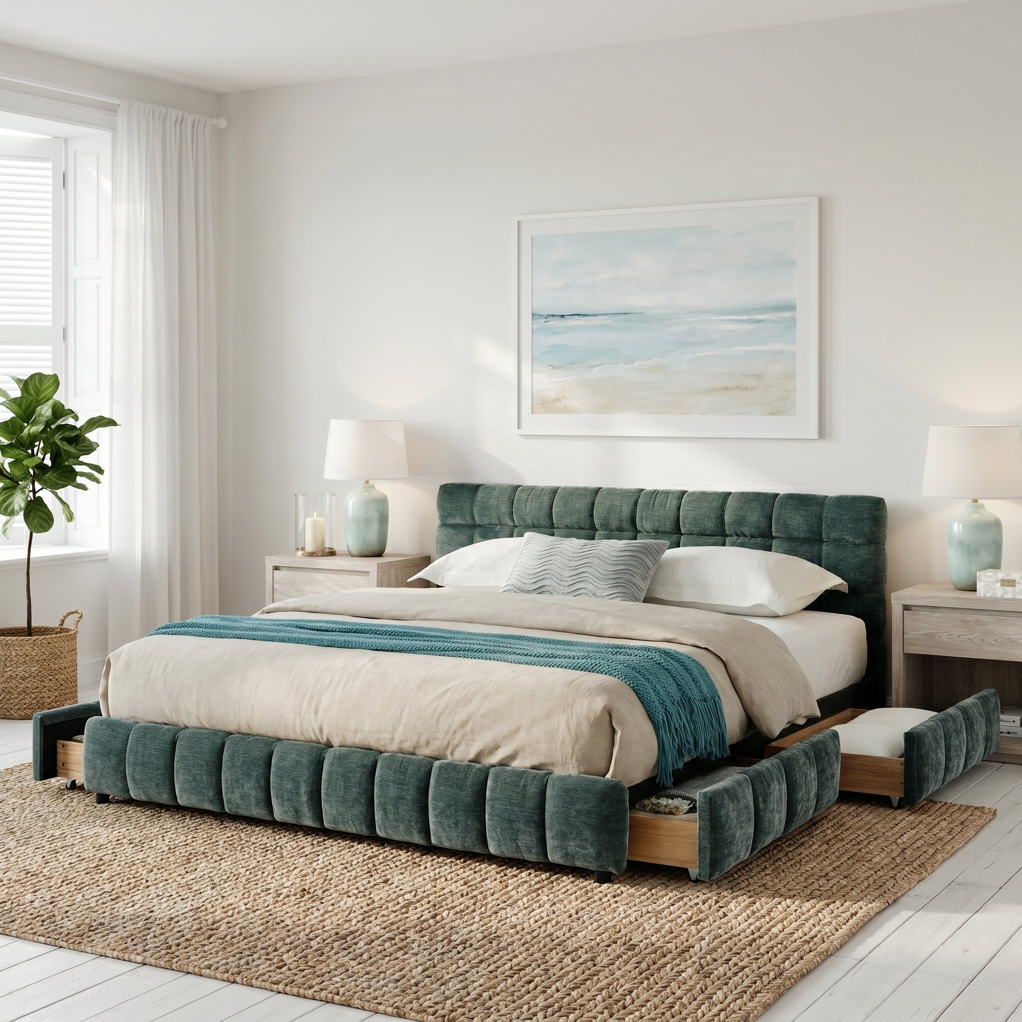 Clara King Chenille Upholstered Storage Platform Bed with 4 Under-Bed Drawers