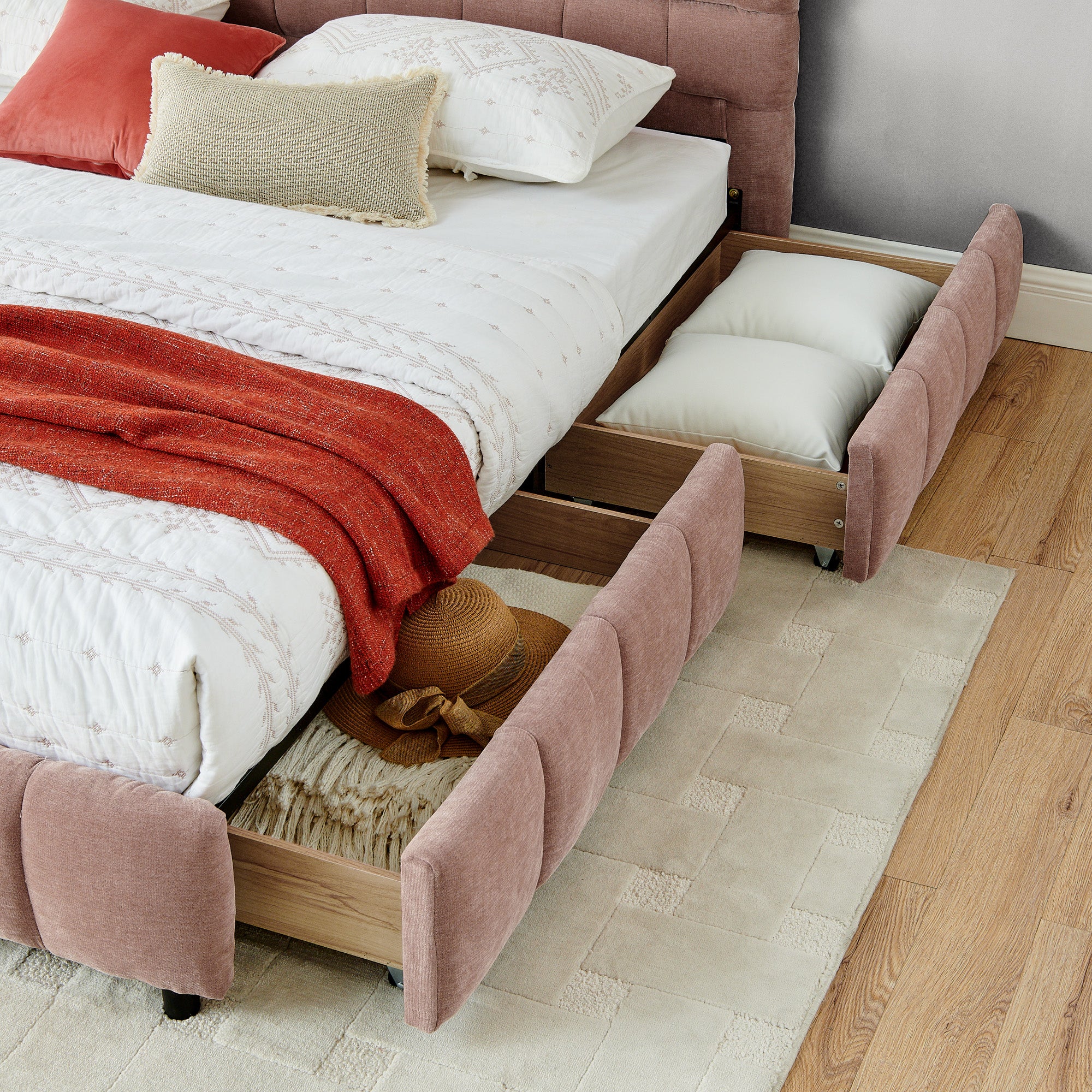 Clara King Chenille Upholstered Storage Platform Bed with 4 Under-Bed Drawers