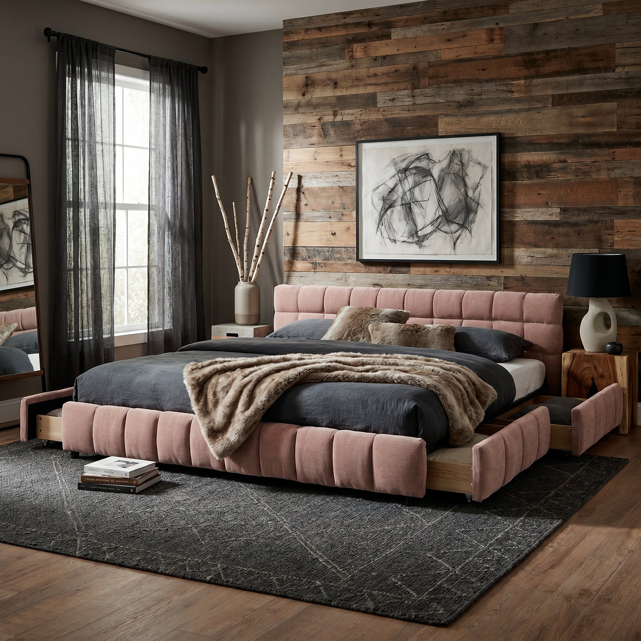 Clara King Chenille Upholstered Storage Platform Bed with 4 Under-Bed Drawers
