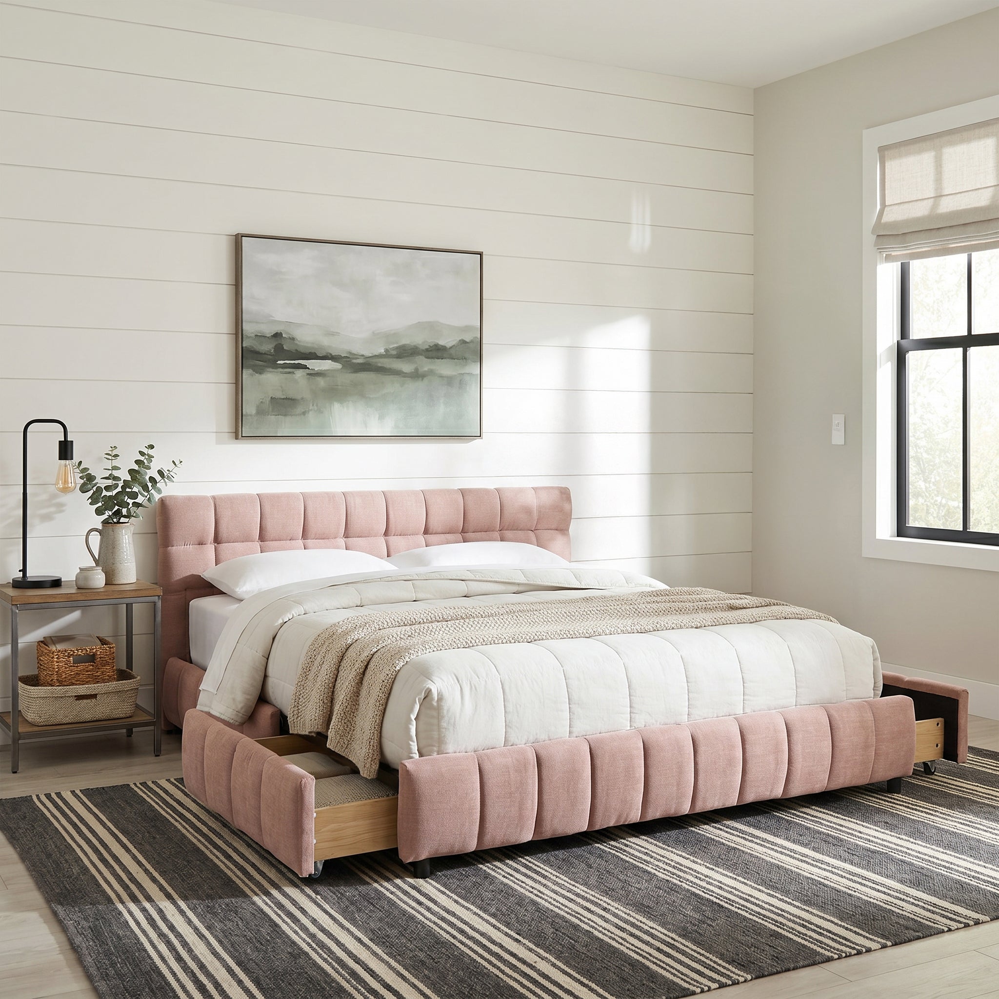 Clara King Chenille Upholstered Storage Platform Bed with 4 Under-Bed Drawers