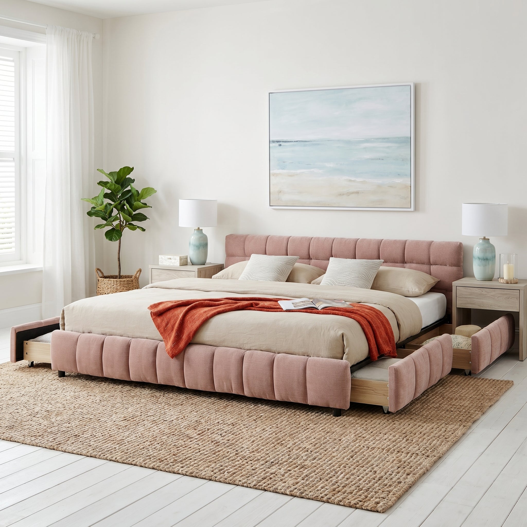 Clara King Chenille Upholstered Storage Platform Bed with 4 Under-Bed Drawers