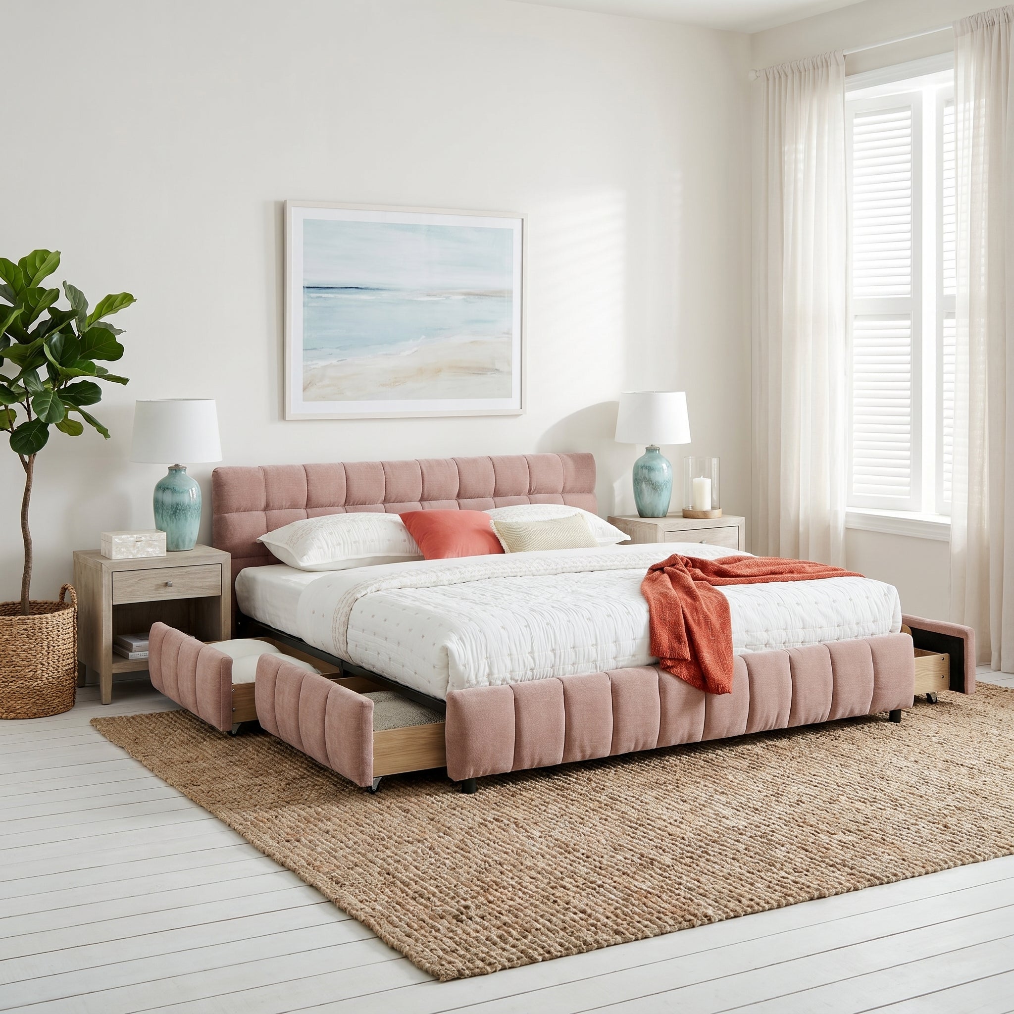 Clara King Chenille Upholstered Storage Platform Bed with 4 Under-Bed Drawers