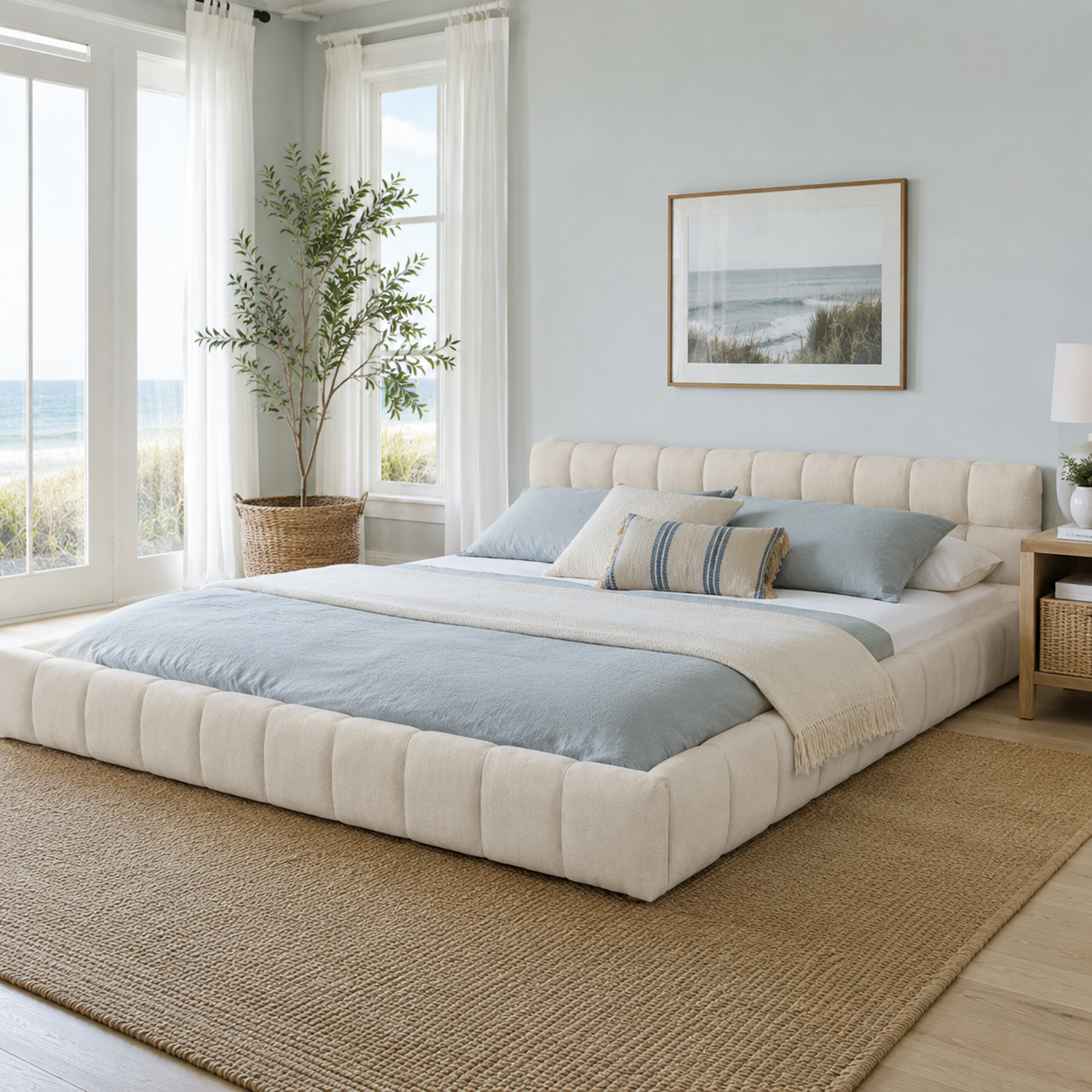Clara King Marshmallow Tufted Floor Bed with Chenille Upholstered Headboard