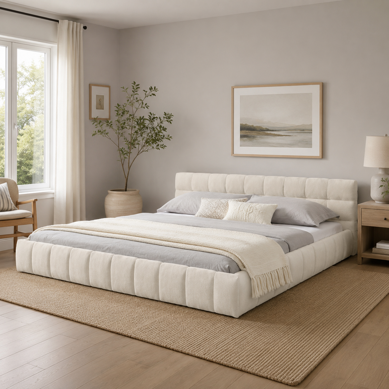 Clara King Marshmallow Tufted Floor Bed with Chenille Upholstered Headboard