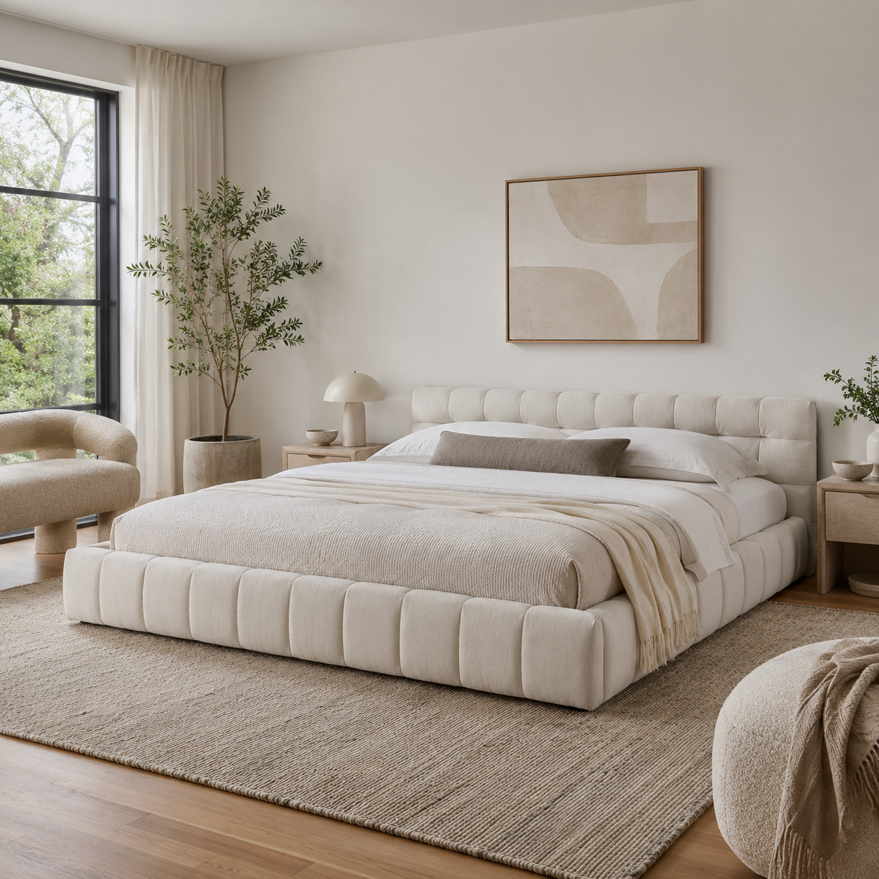 Clara King Marshmallow Tufted Floor Bed with Chenille Upholstered Headboard