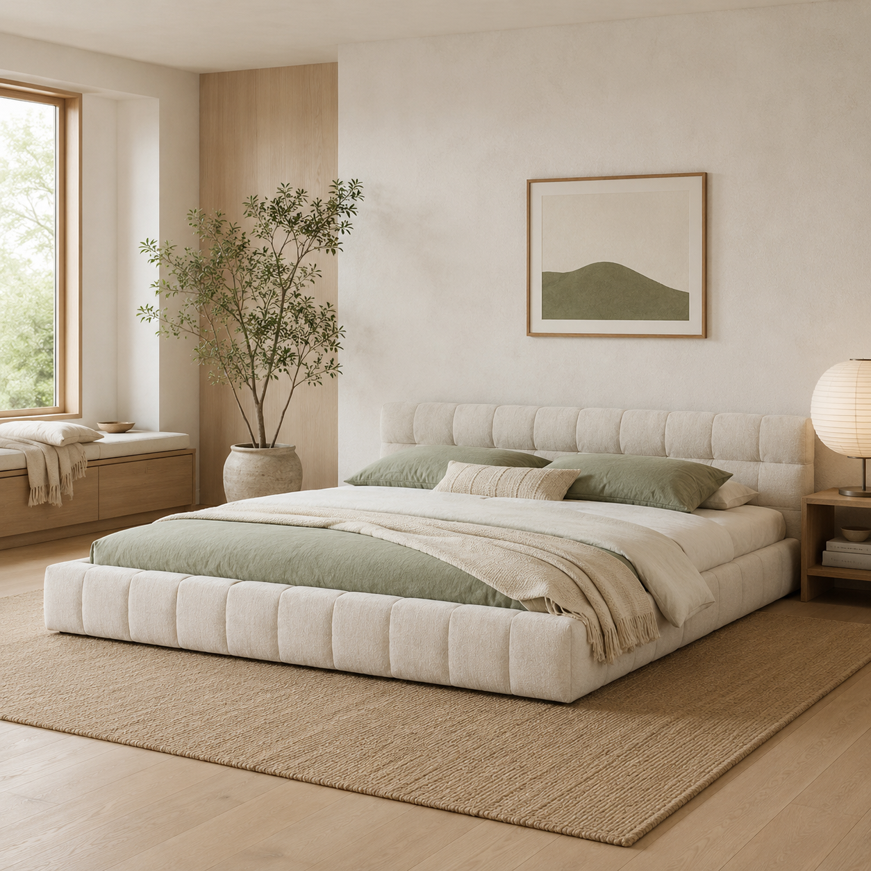 Clara King Marshmallow Tufted Floor Bed with Chenille Upholstered Headboard