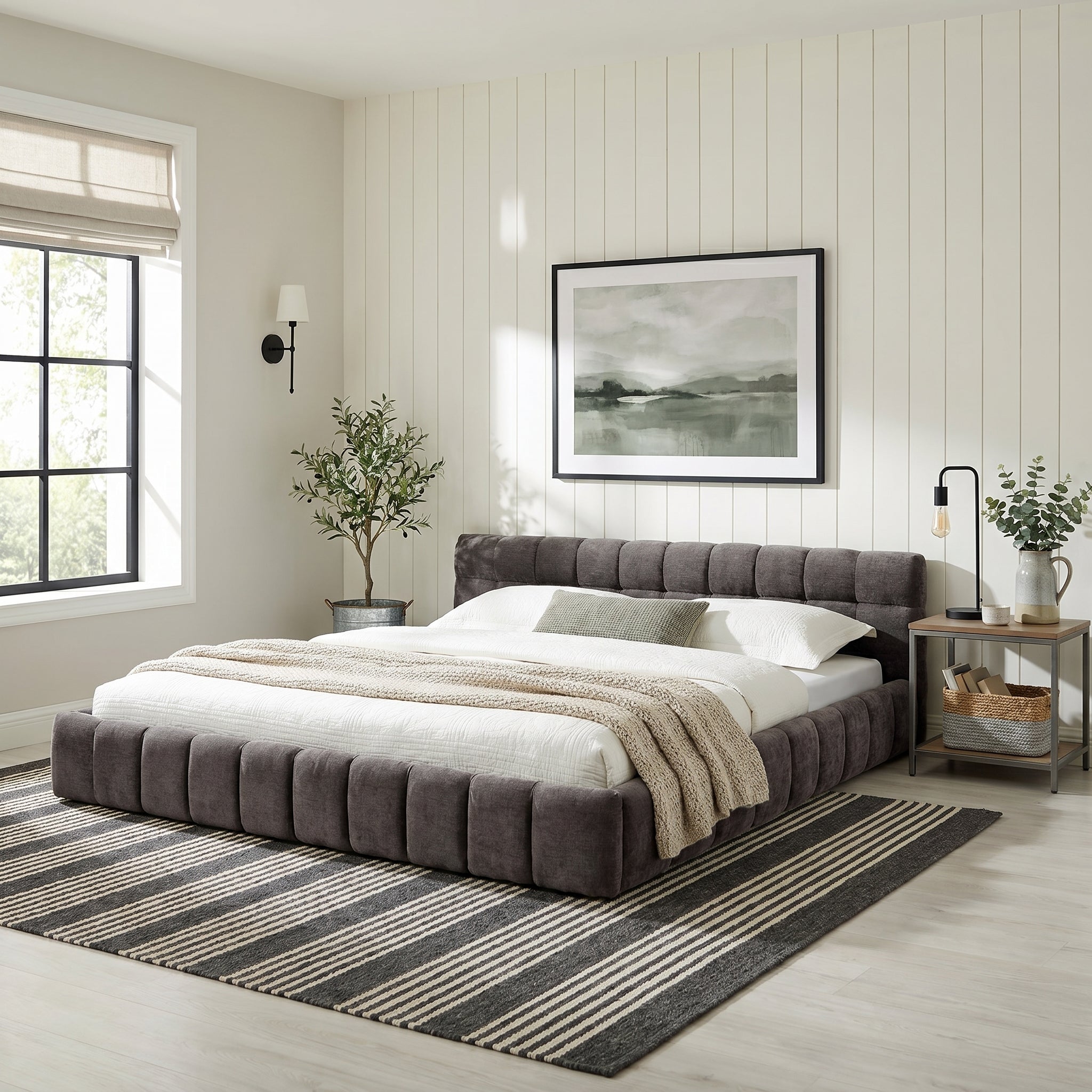 Clara King Marshmallow Tufted Floor Bed with Chenille Upholstered Headboard