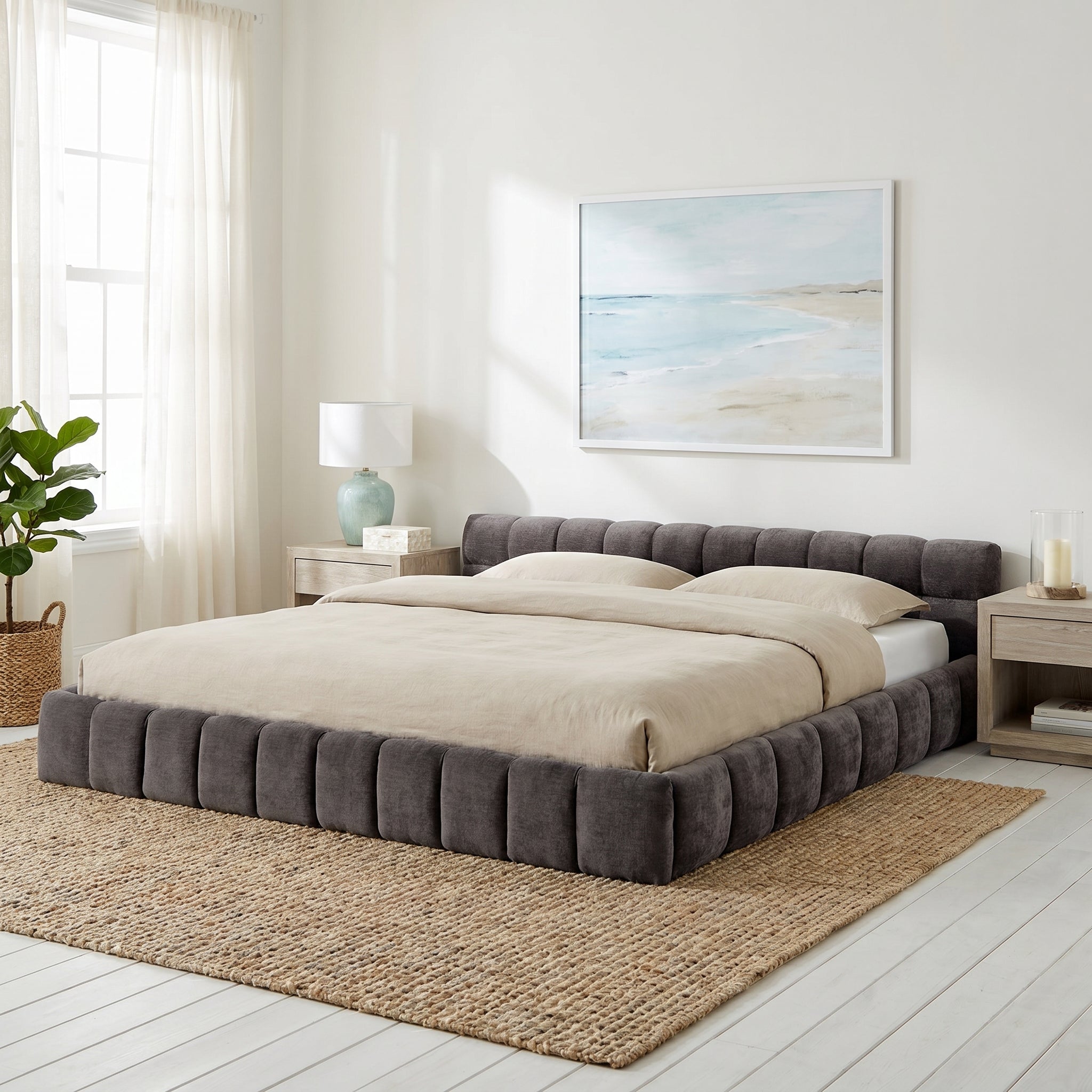 Clara King Marshmallow Tufted Floor Bed with Chenille Upholstered Headboard