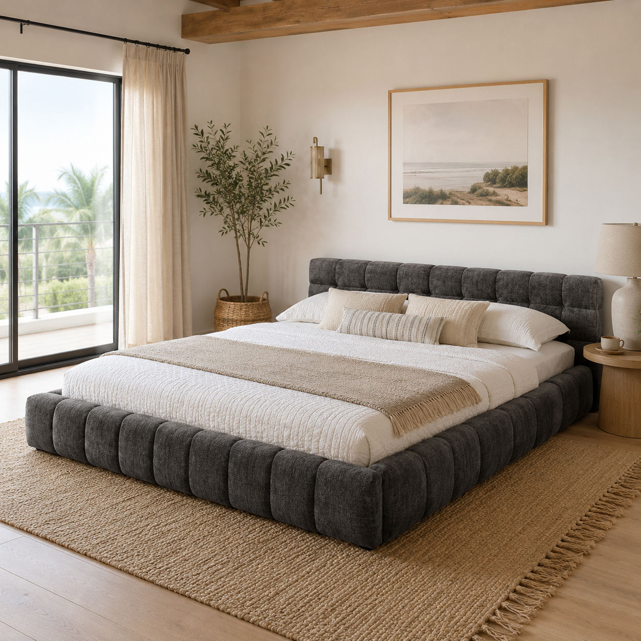 Clara King Marshmallow Tufted Floor Bed with Chenille Upholstered Headboard