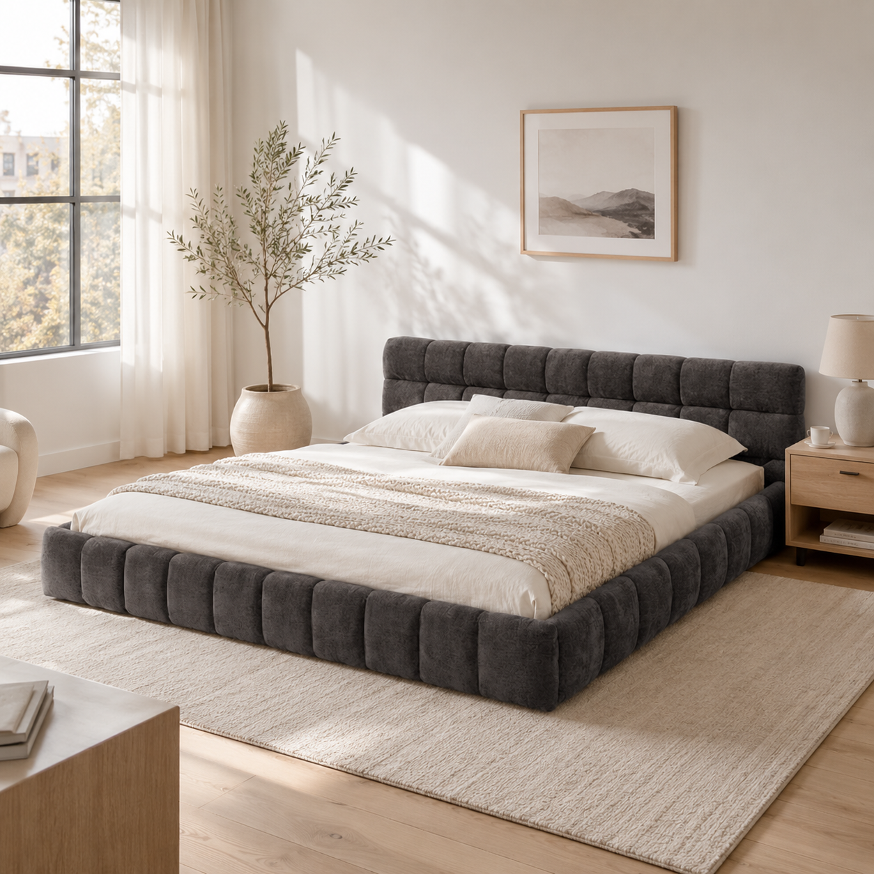 Clara King Marshmallow Tufted Floor Bed with Chenille Upholstered Headboard