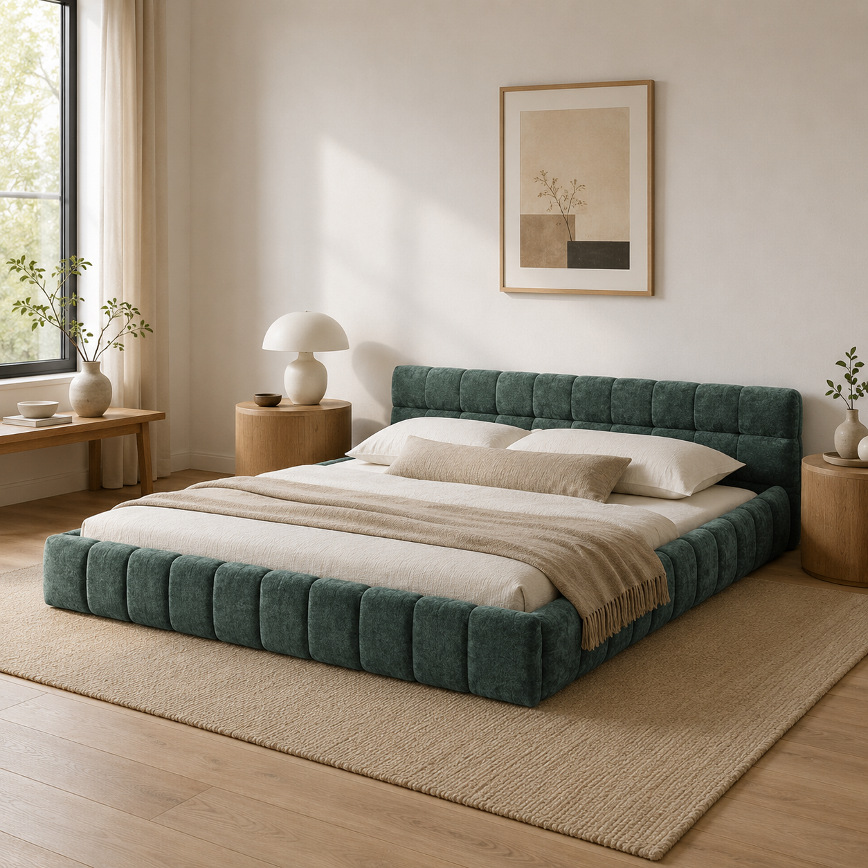 Clara King Marshmallow Tufted Floor Bed with Chenille Upholstered Headboard
