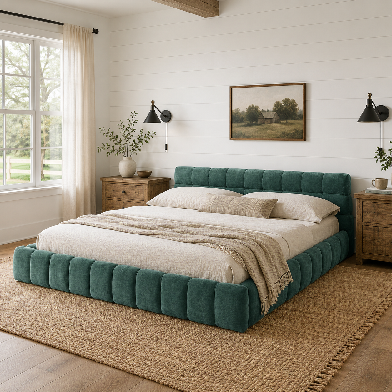 Clara King Marshmallow Tufted Floor Bed with Chenille Upholstered Headboard