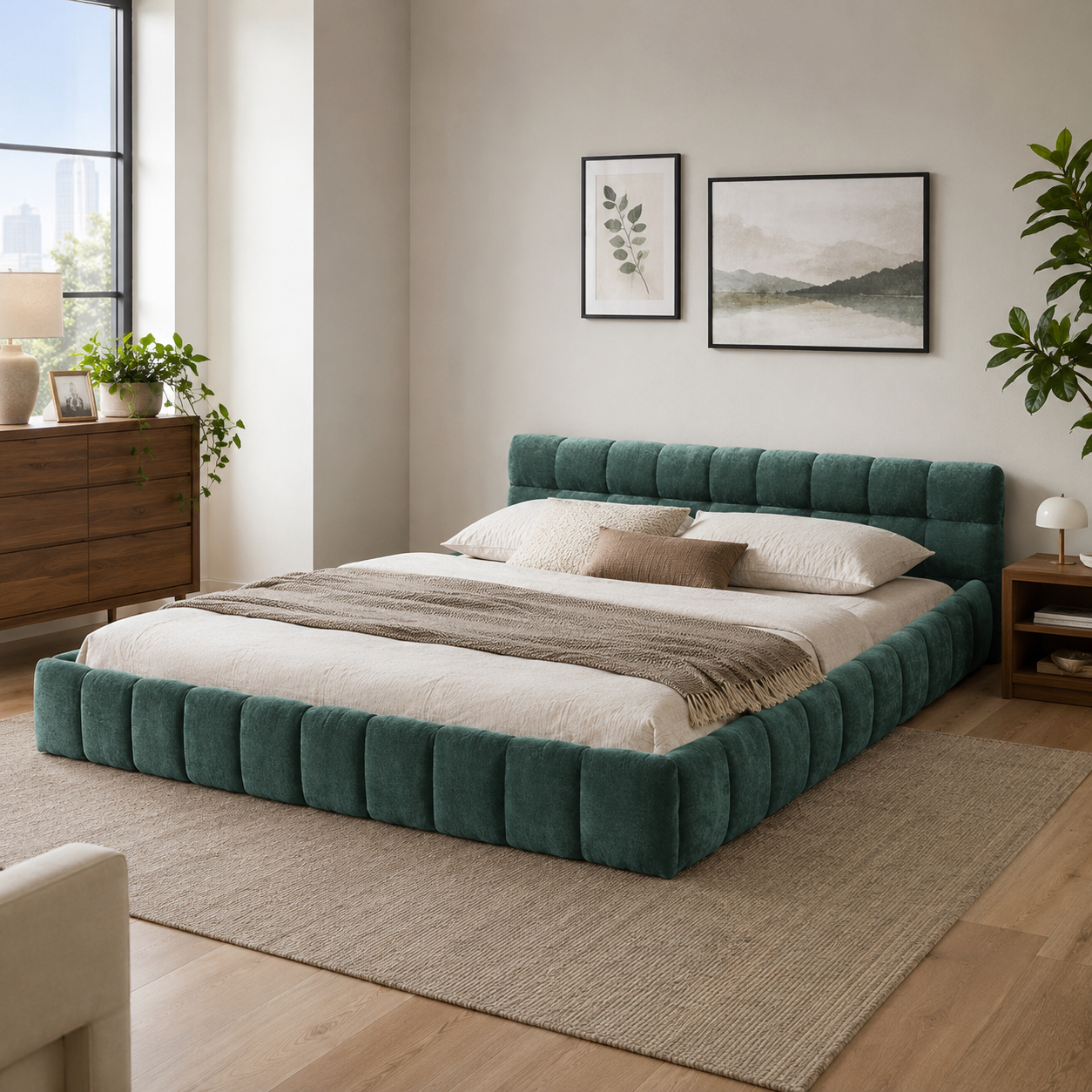 Clara King Marshmallow Tufted Floor Bed with Chenille Upholstered Headboard