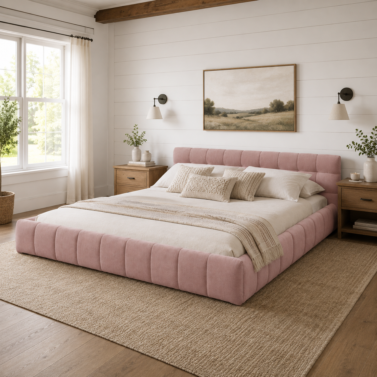 Clara King Marshmallow Tufted Floor Bed with Chenille Upholstered Headboard