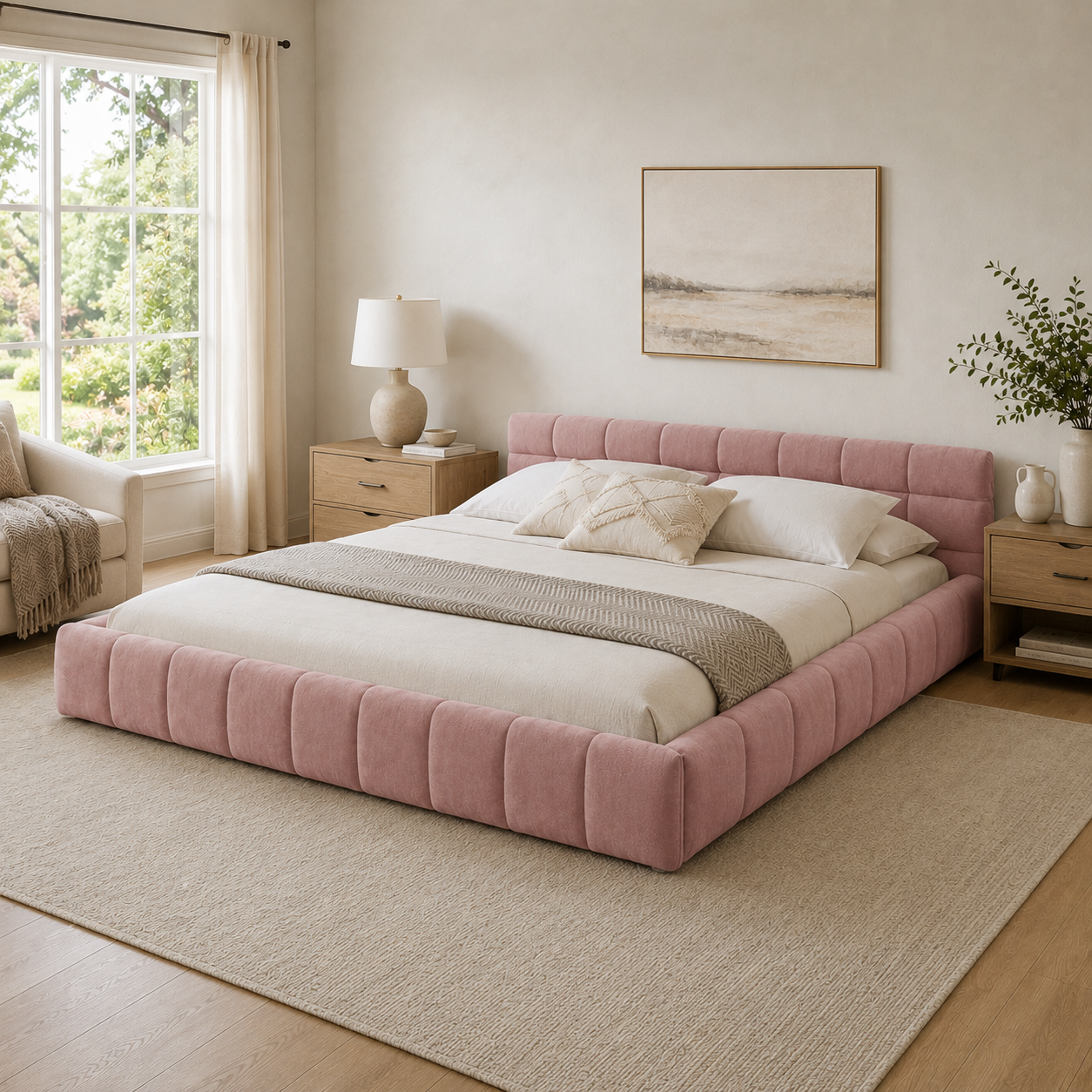 Clara King Marshmallow Tufted Floor Bed with Chenille Upholstered Headboard
