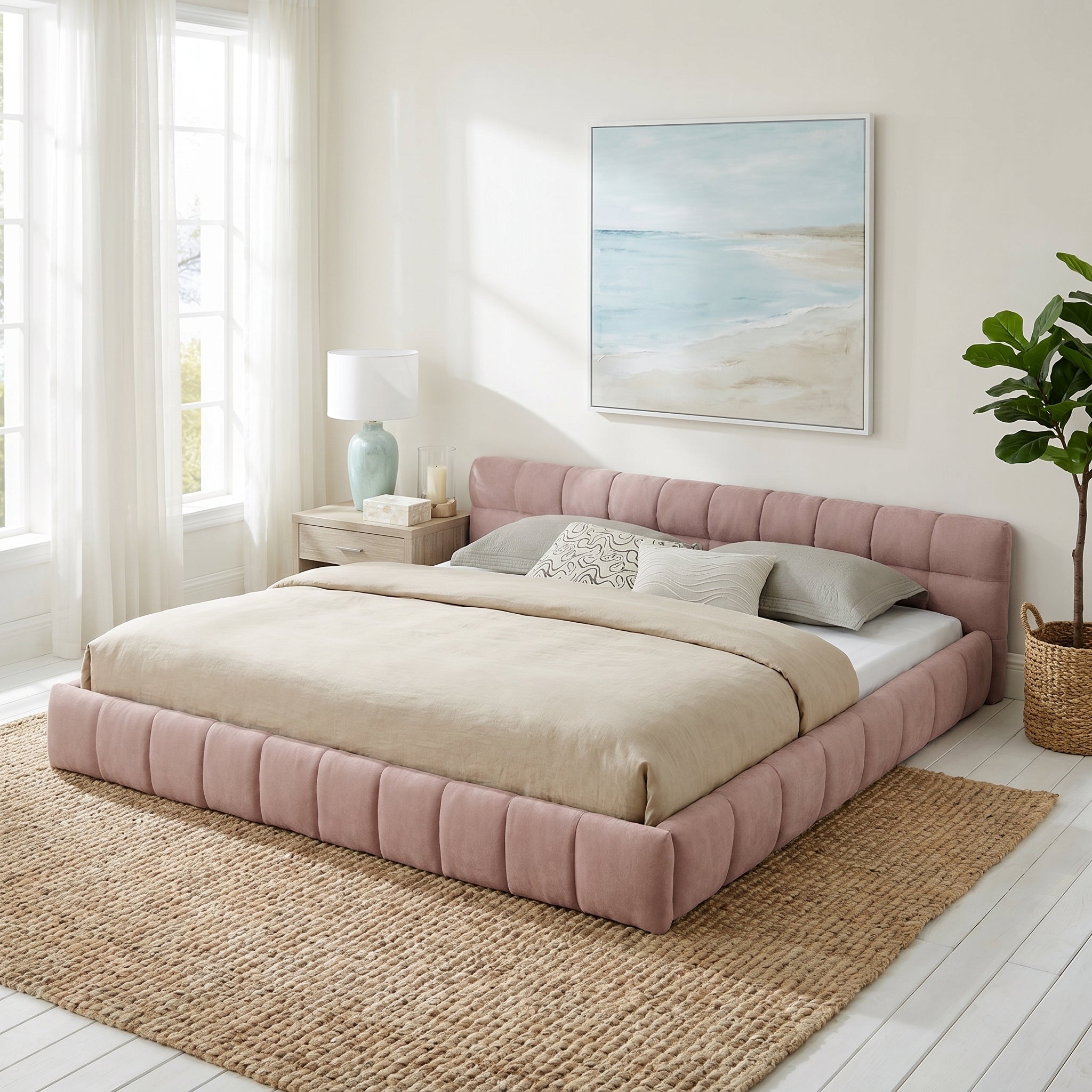 Clara King Marshmallow Tufted Floor Bed with Chenille Upholstered Headboard