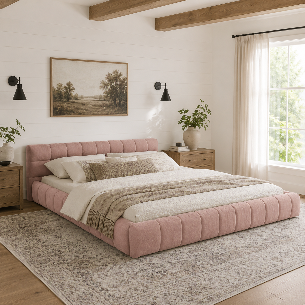 Clara King Marshmallow Tufted Floor Bed with Chenille Upholstered Headboard