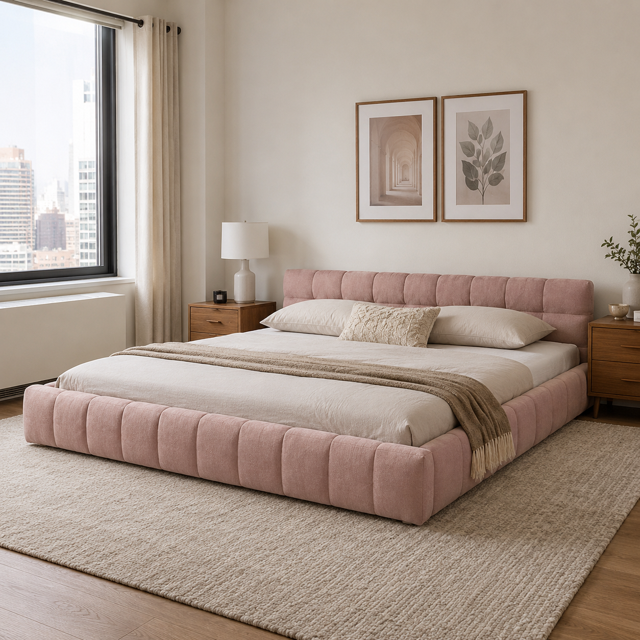 Clara King Marshmallow Tufted Floor Bed with Chenille Upholstered Headboard