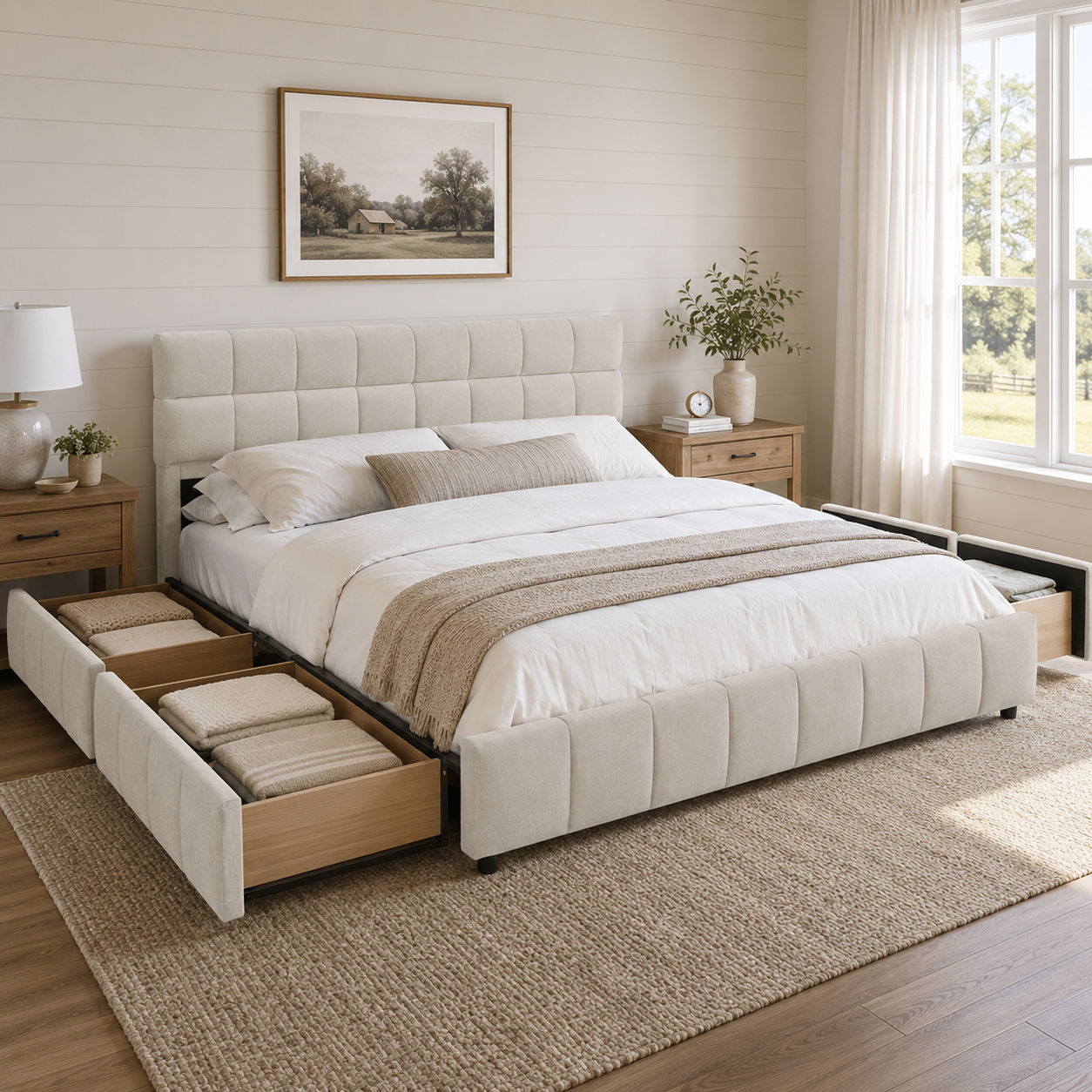 Clara Queen Chenille Upholstered Storage Platform Bed with 4 Under-Bed Drawers