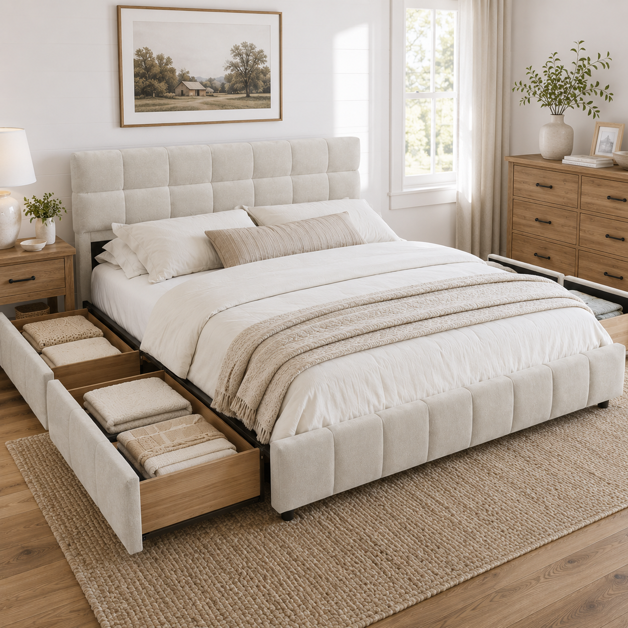 Clara Queen Chenille Upholstered Storage Platform Bed with 4 Under-Bed Drawers