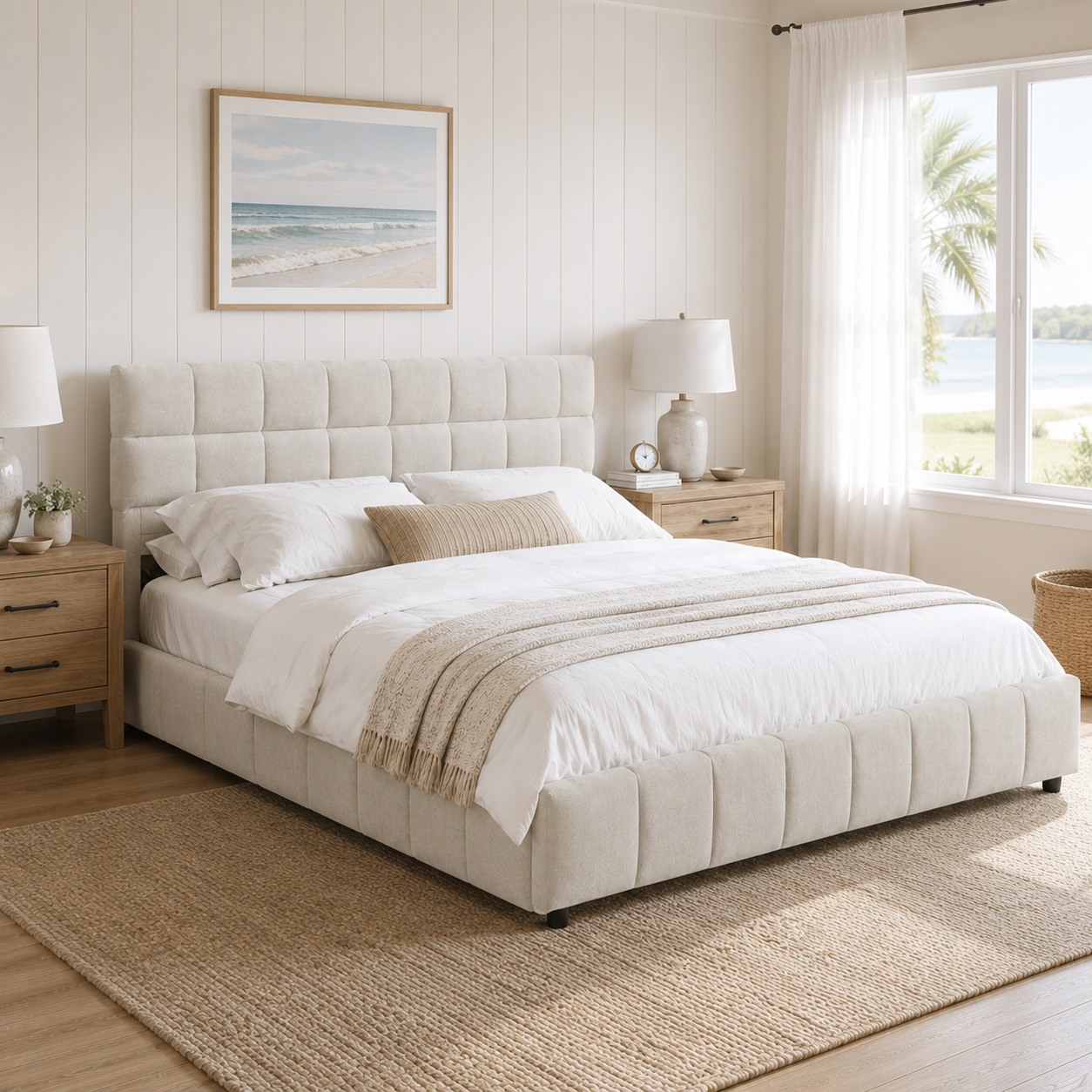 Clara Queen Chenille Upholstered Storage Platform Bed with 4 Under-Bed Drawers